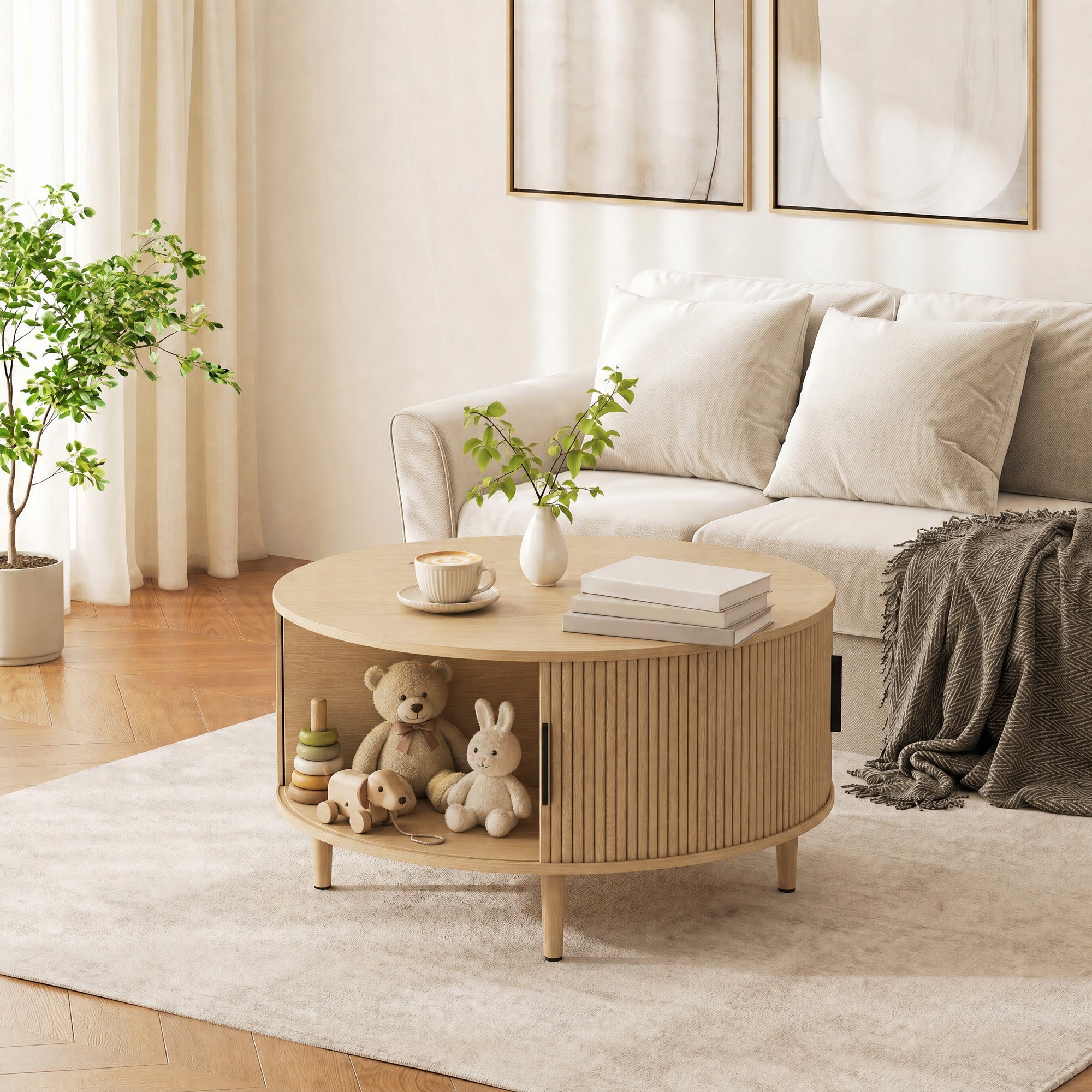 Coffee Table with Lift Top and Hidden Storage, Round Centre Table with Fluted Sliding Door, 80 cm, Natural Wood