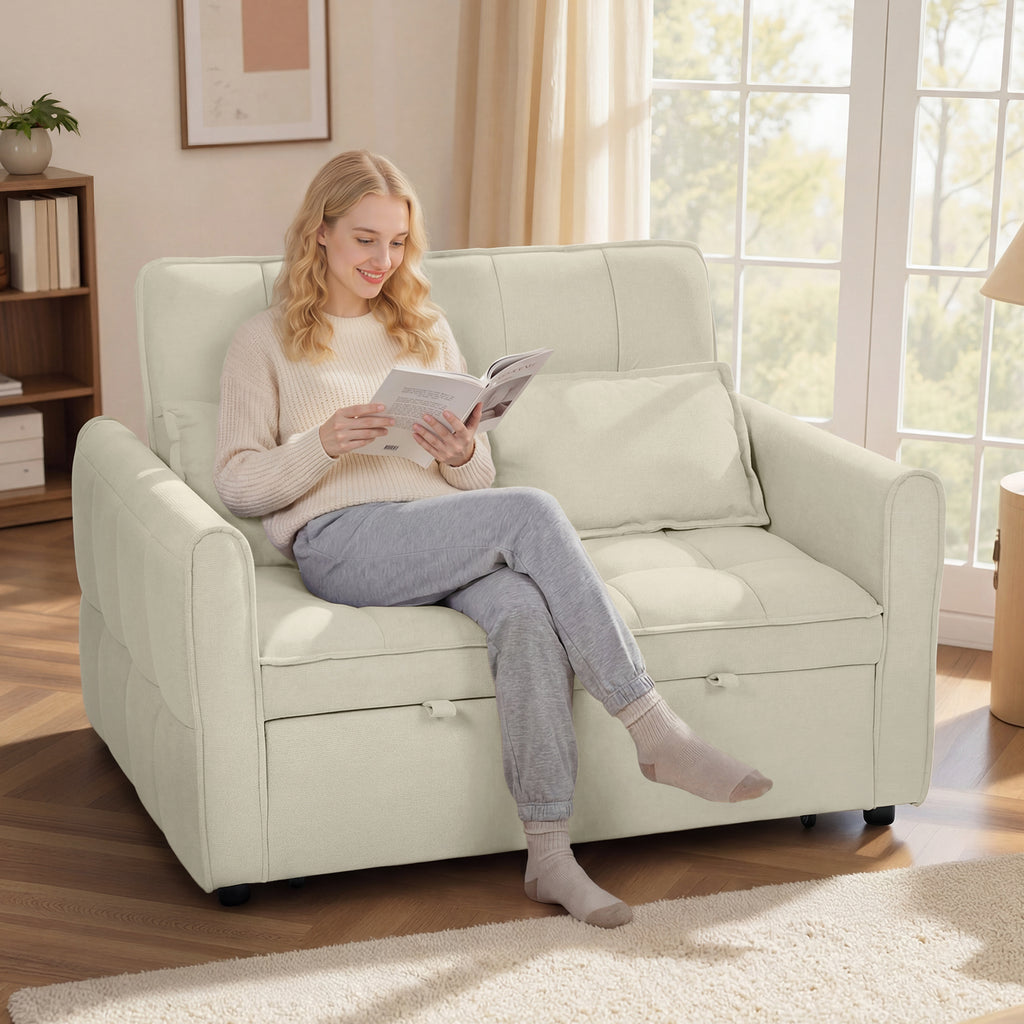2 Seater Sofa Bed, 3-in-1 Convertible Sleeper Sofa with Click-clack Adjustable Backrest and 2 Pillows, Light Brown