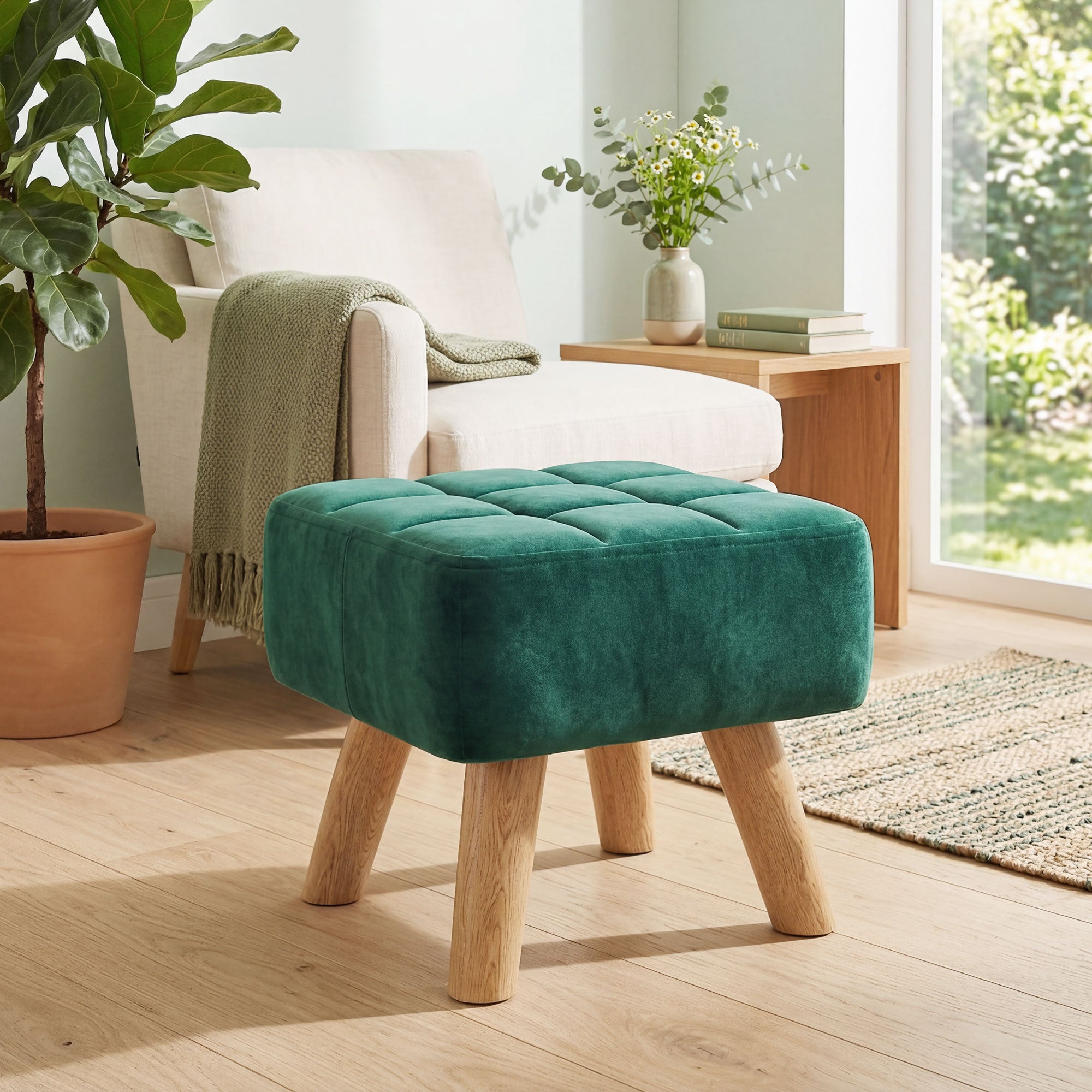 Velvet Square Padded Footstool - Dark Green
