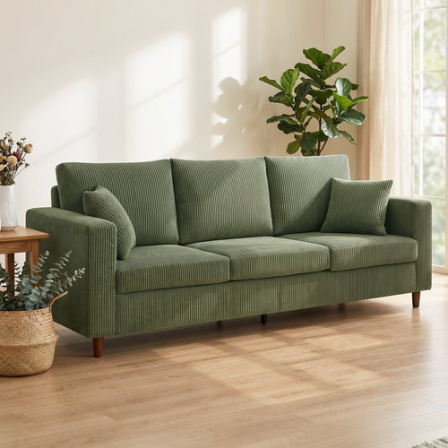 3 Seater Sofa with Wide Seat, Corduroy Fabric Couch with Deep Seat, Spring Cushion, Green