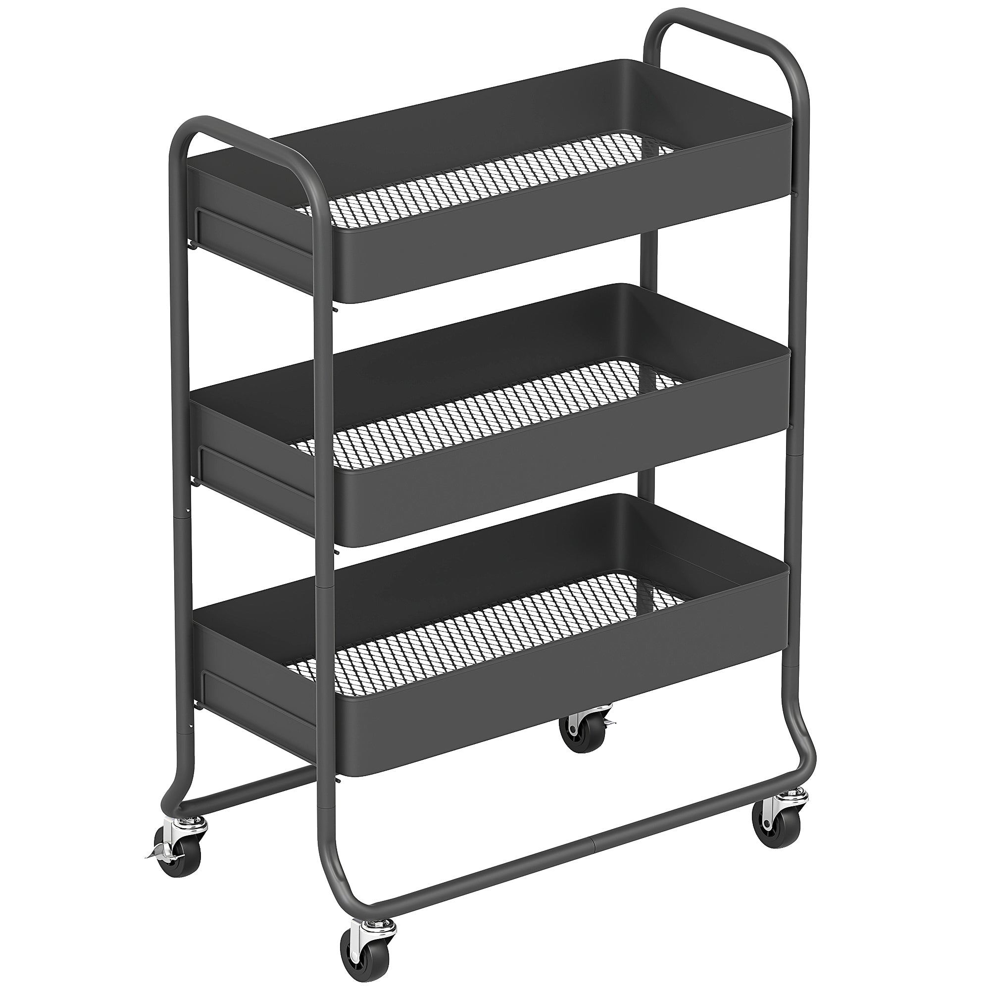 HOMCOM 3-Tier Storage Trolley on Wheels with Mesh Baskets - Black