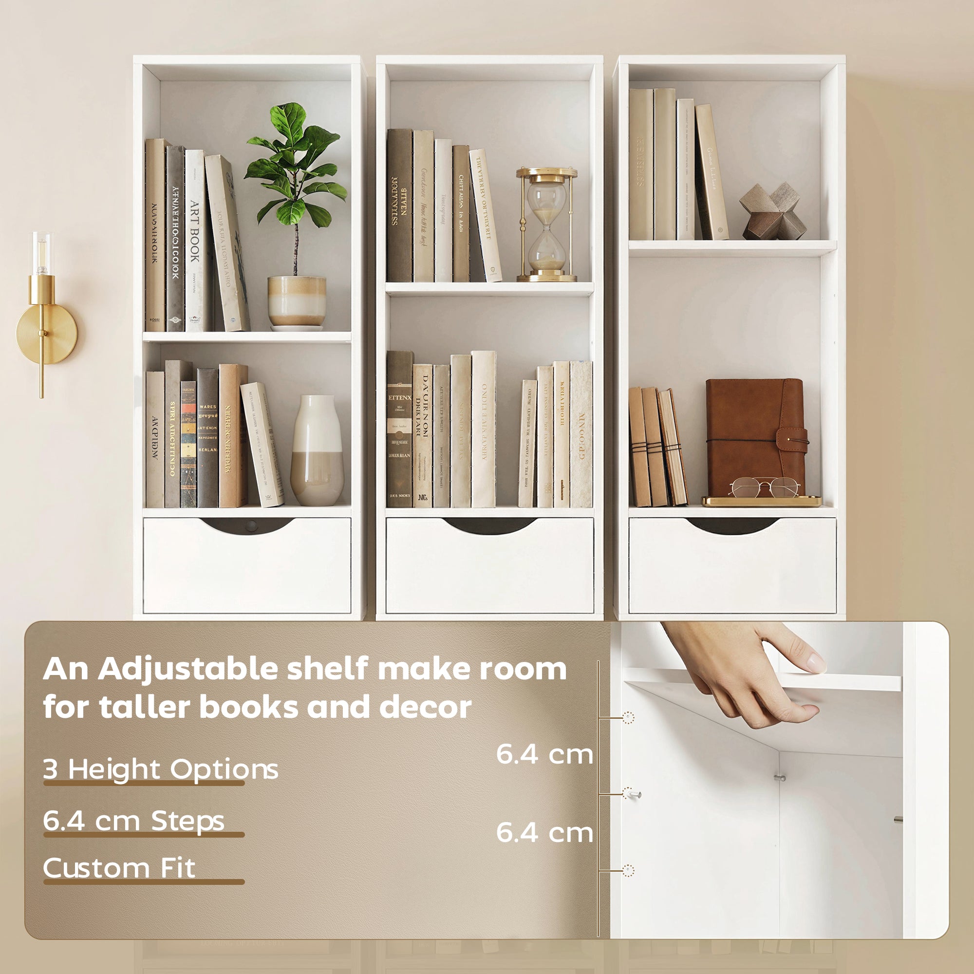 Bookcase with Drawers Adjustable Shelf Bookshelf with 2 Drawers and Cabinet 158 cm White