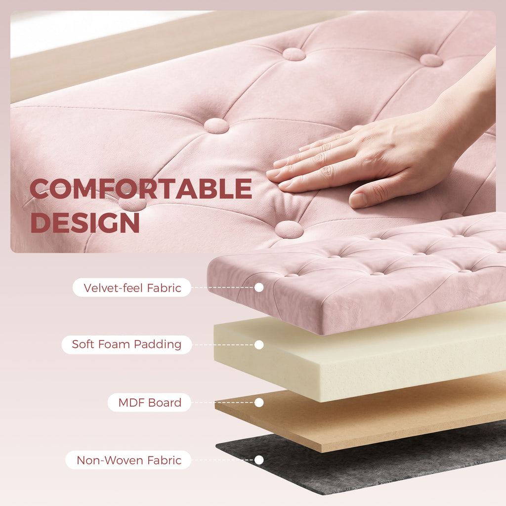 Velvet Upholstered Foldable Ottoman Footrest, Storage Ottoman Bench with Wood Legs for Living Room, Pink