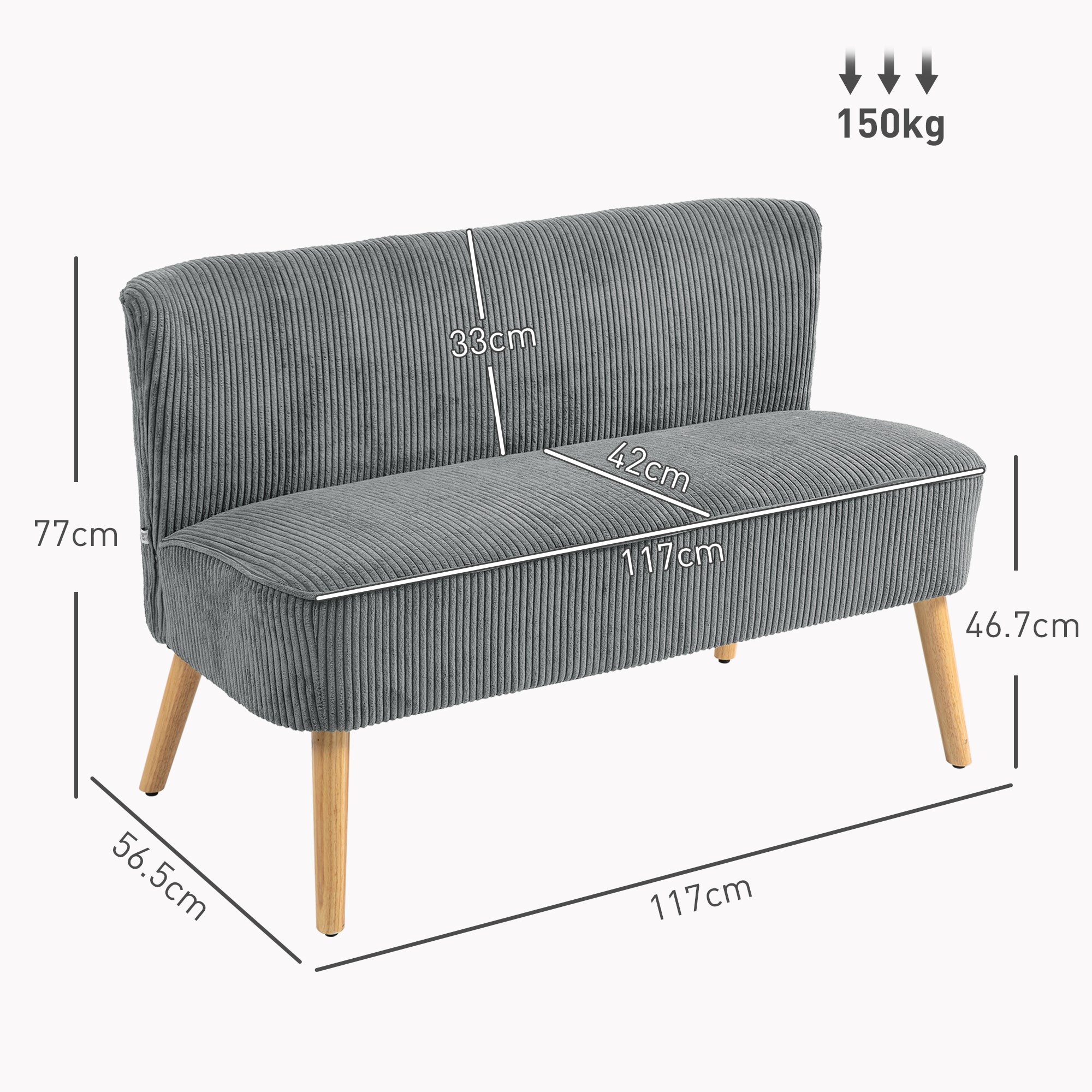 Modern Corduroy Double Seat Sofa w/ Wood Frame Foam Padding Soft Comfortable Compact Couch Grey