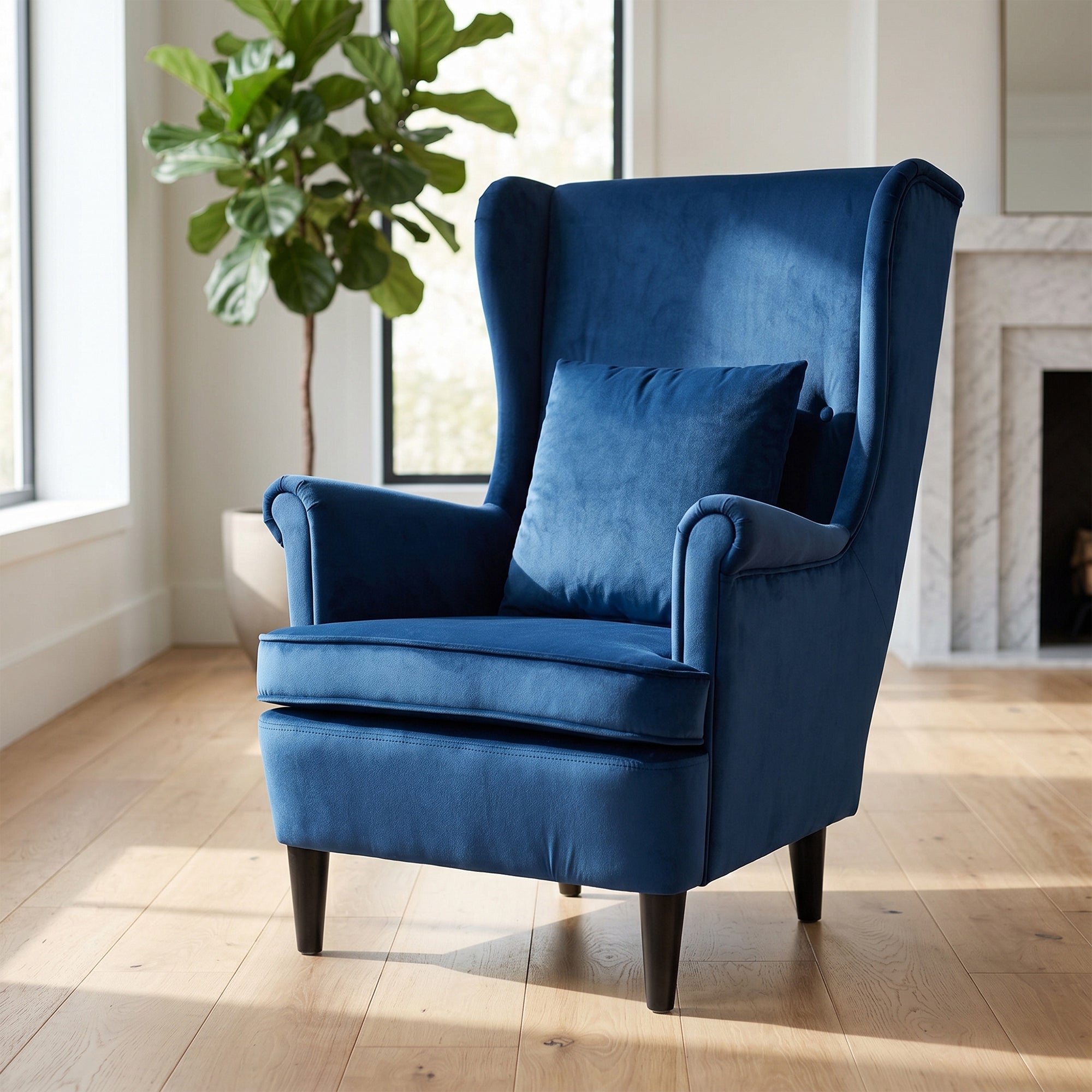 Modern Accent Chair with High Backrest and Pillow, Velvet-Feel Fabric Reading Chair with Solid Wood Legs, Blue
