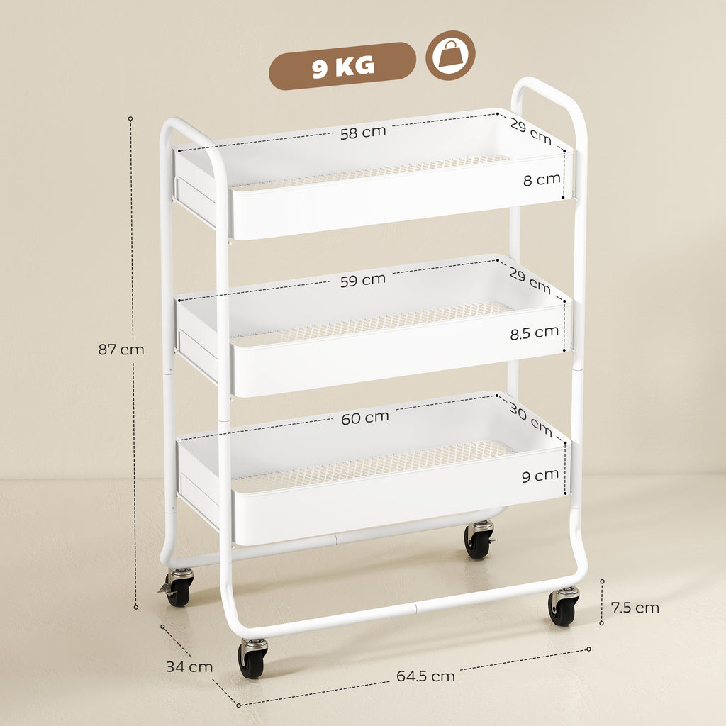 HOMCOM 3-Tier Storage Trolley on Wheels with Mesh Baskets - White