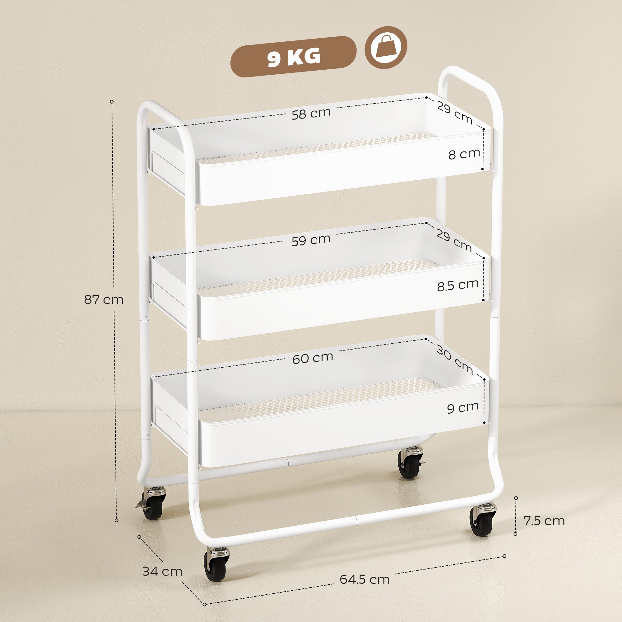 HOMCOM 3-Tier Storage Trolley on Wheels with Mesh Baskets - White