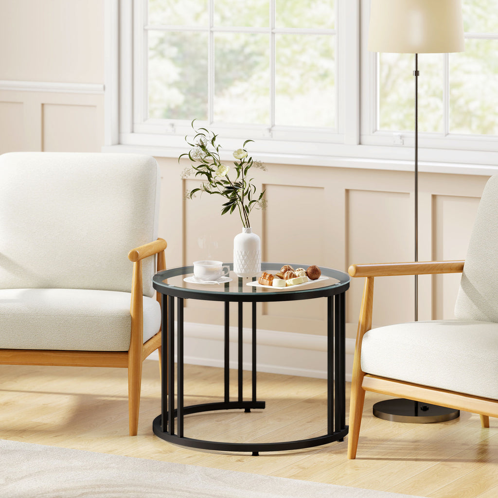Round Coffee Tables Set of 2, Nesting Tables with Tempered Glass Top and Steel Frame, Black