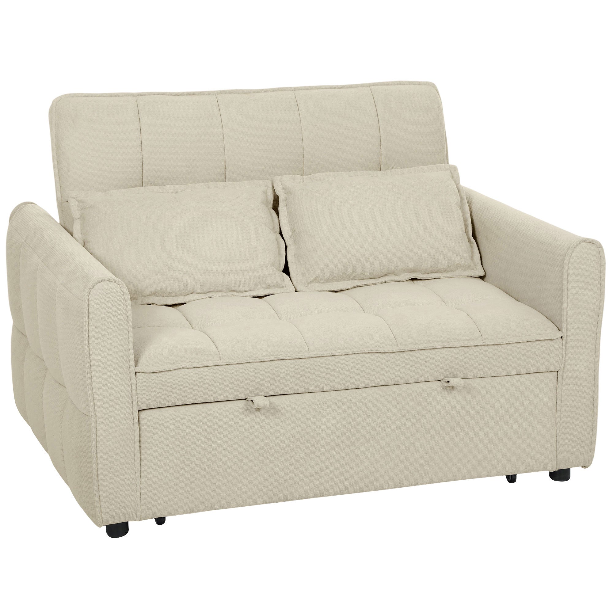 2 Seater Sofa Bed, 3-in-1 Convertible Sleeper Sofa with Click-clack Adjustable Backrest and 2 Pillows, Light Brown