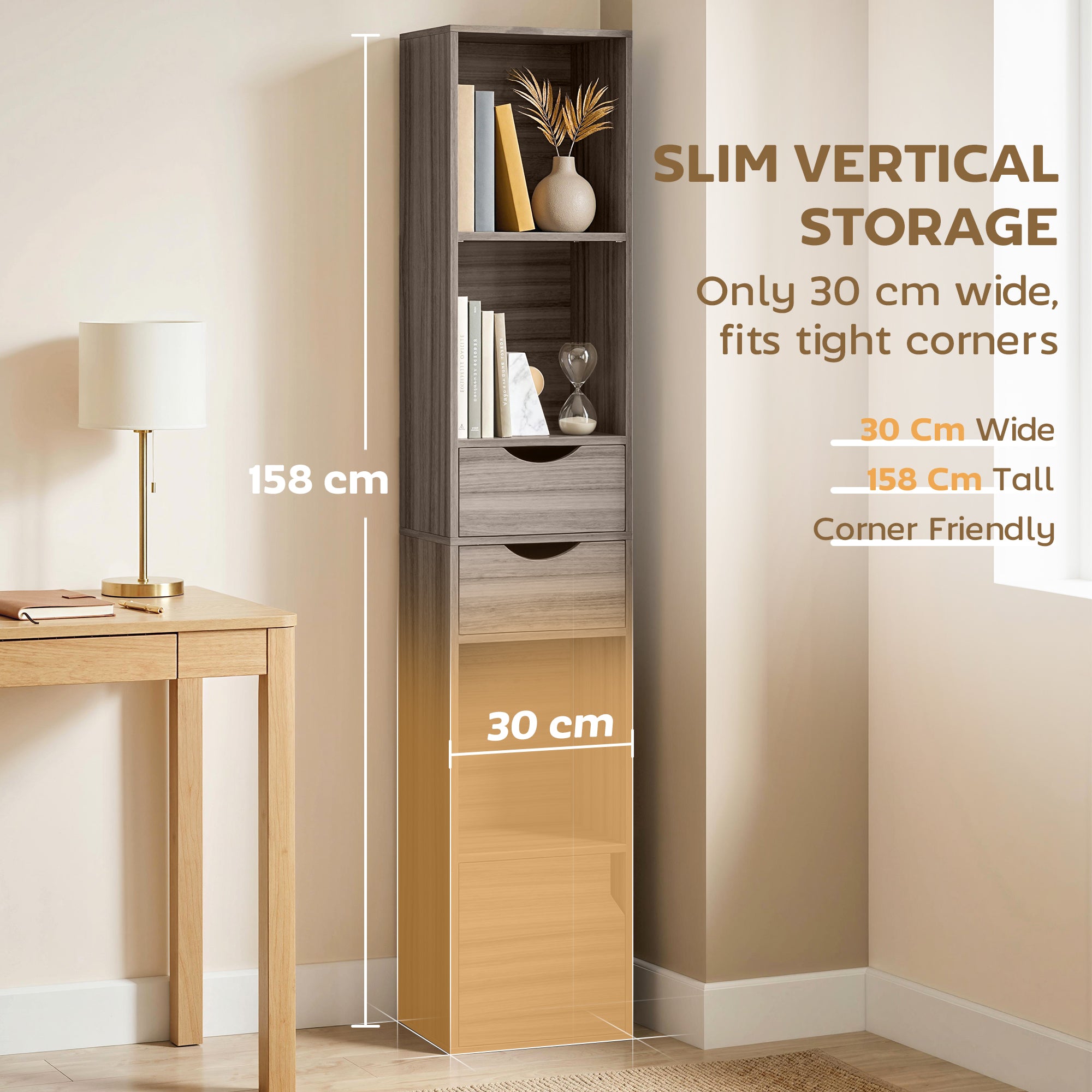 Bookcase with Drawers Adjustable Shelf Bookshelf with 2 Drawers and Cabinet 158 cm Grey