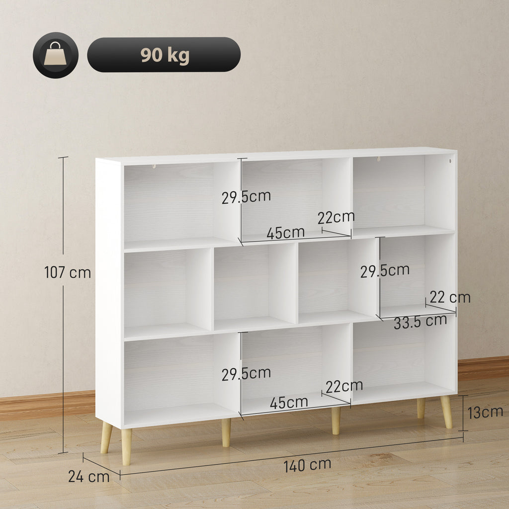 10-Cube Bookcase, 3-Tier Book Shelf with Solid Wood Legs, 140 cm Modern Bookshelf with Anti-Tip Kit for Bedroom, White