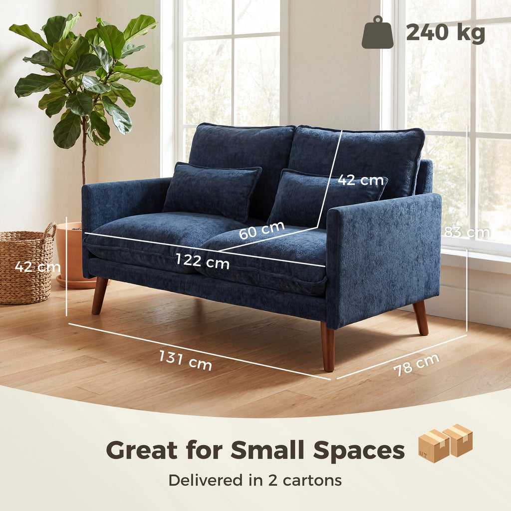 2 Seater Sofa, Loveseat Sofa with Spring Cushions, Wide and Deep Seat, Wood Legs, Blue