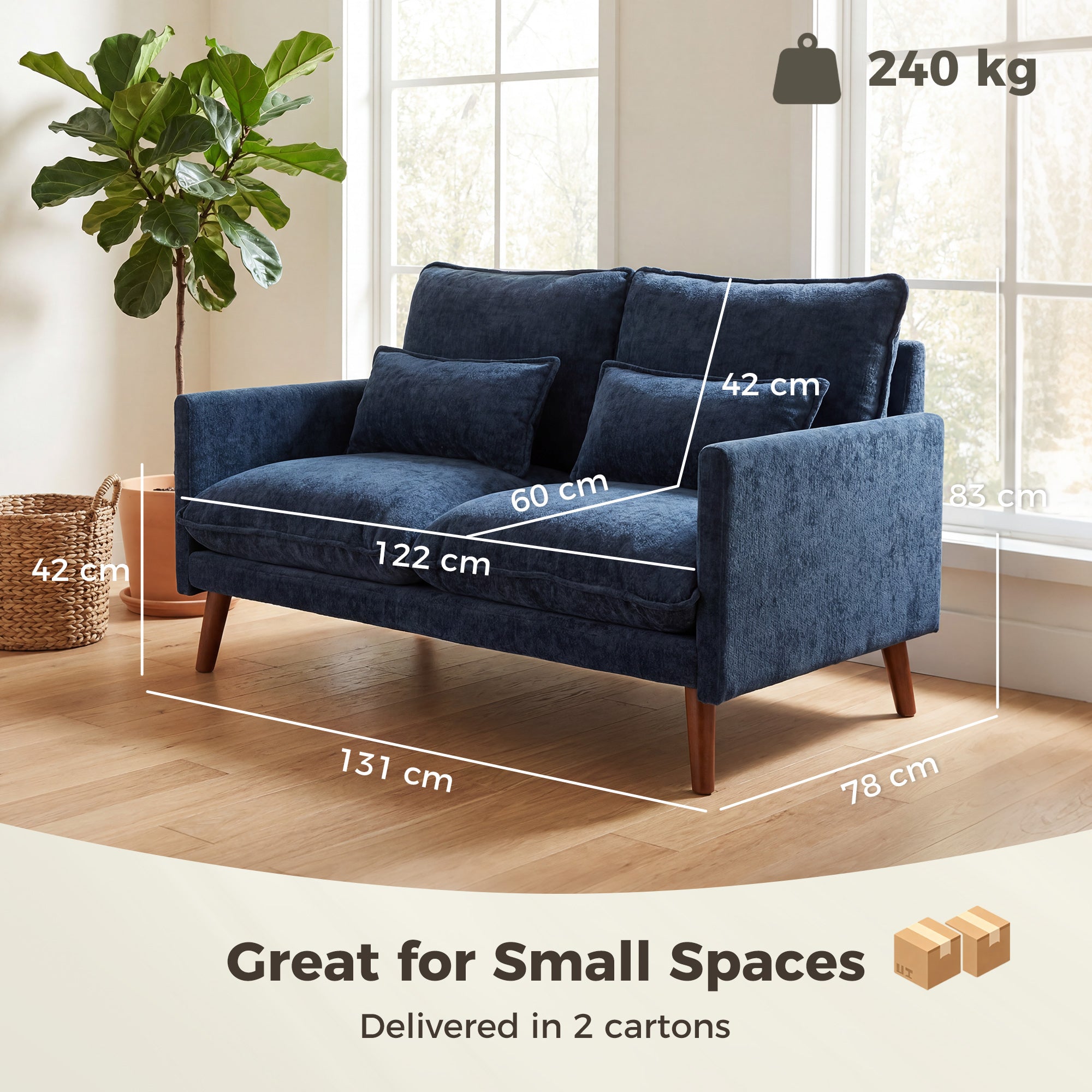 2 Seater Sofa, Loveseat Sofa with Spring Cushions, Wide and Deep Seat, Wood Legs, Blue