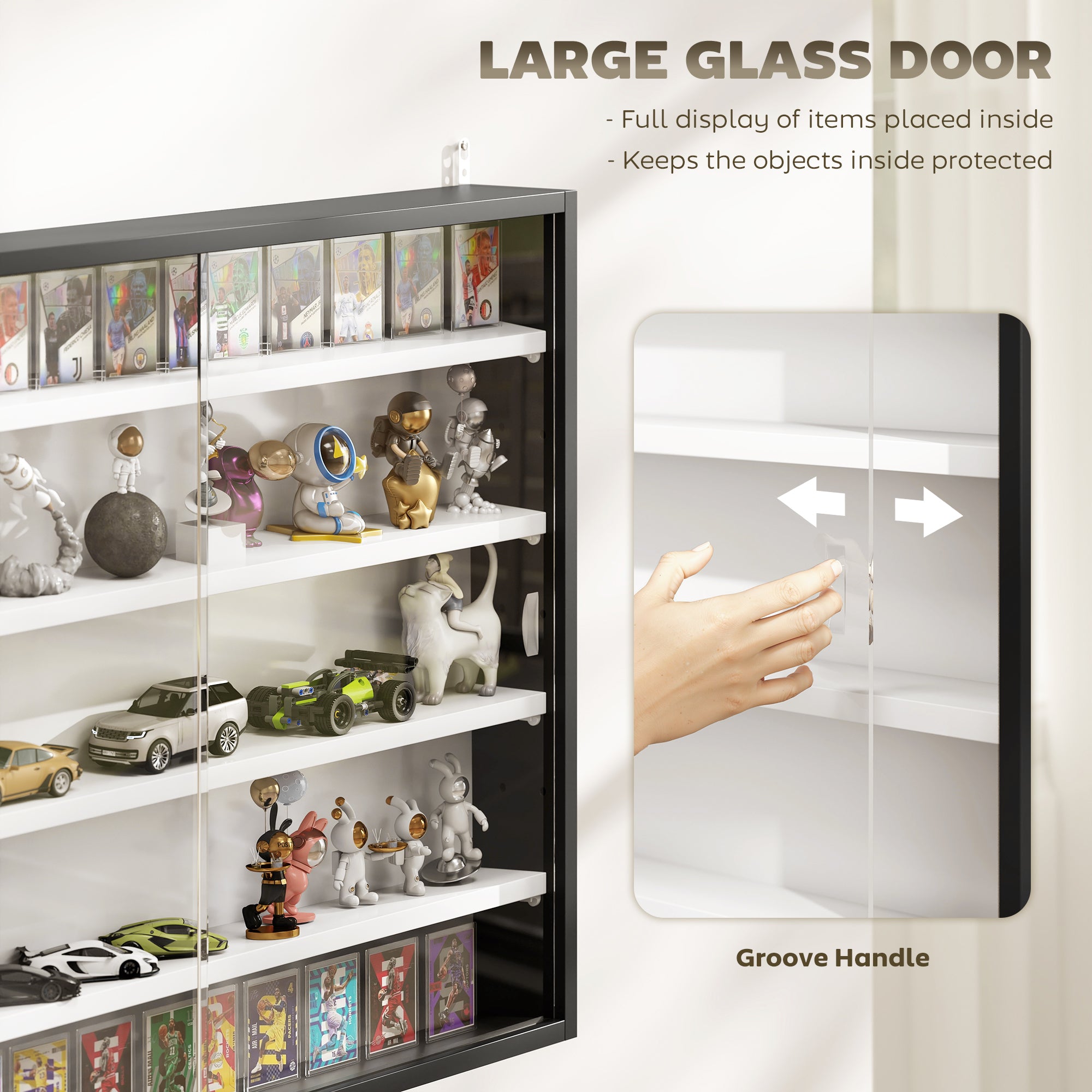 5-Tier Wall Display Cabinet,  Wall Mounted Display Case w/ 4 Adjustable Shelves, Glass Doors, 60x80cm, Black and White