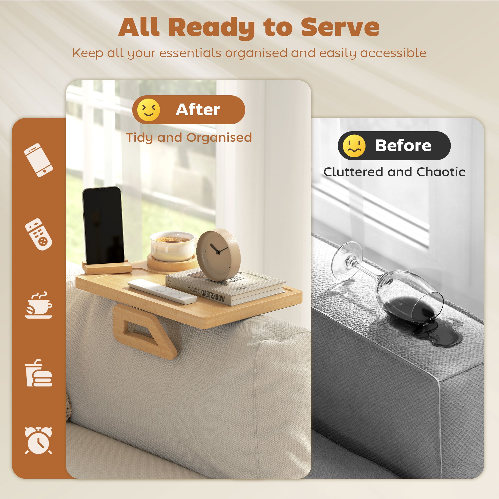 Anti-Slip Sofa Armrest Tray, Bamboo Sofa Arm Tray with 360Â° Phone Holder and Removable Cup Holder, Natural