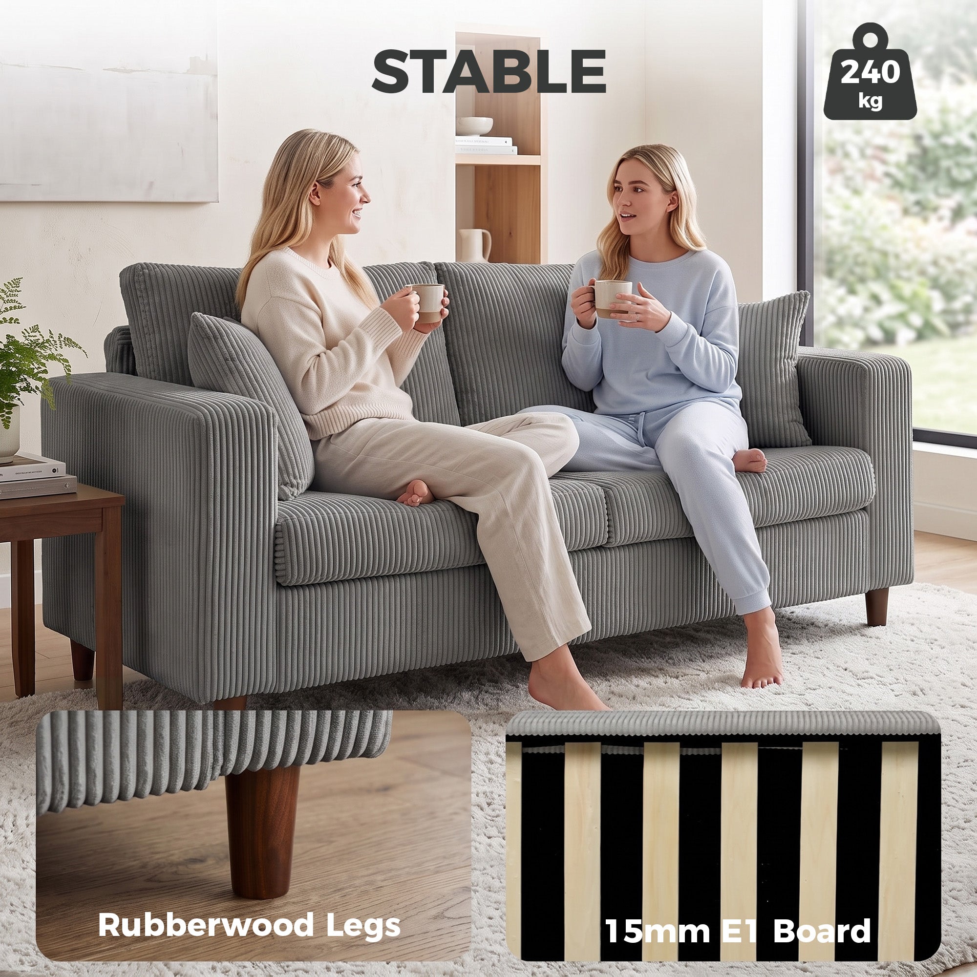Loveseat Sofa with Wide Seat, Corduroy 2 Seater Couch with Deep Seat, Spring Cushion, Light Grey