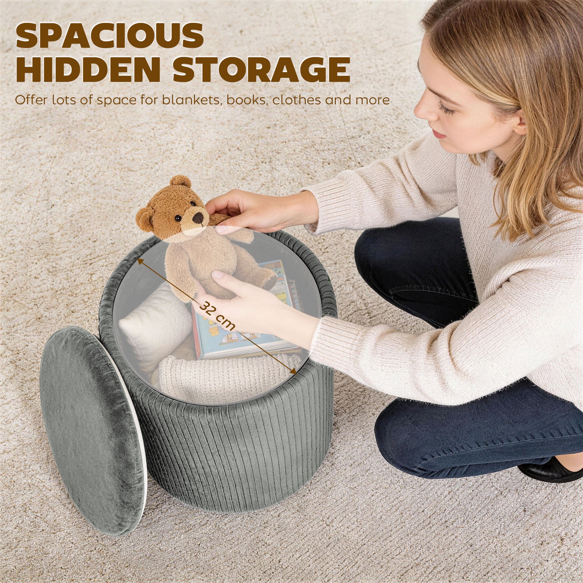 Storage Ottoman Modern Velvet Round Foot Stool for Living Room Bedroom 45 cm Grey