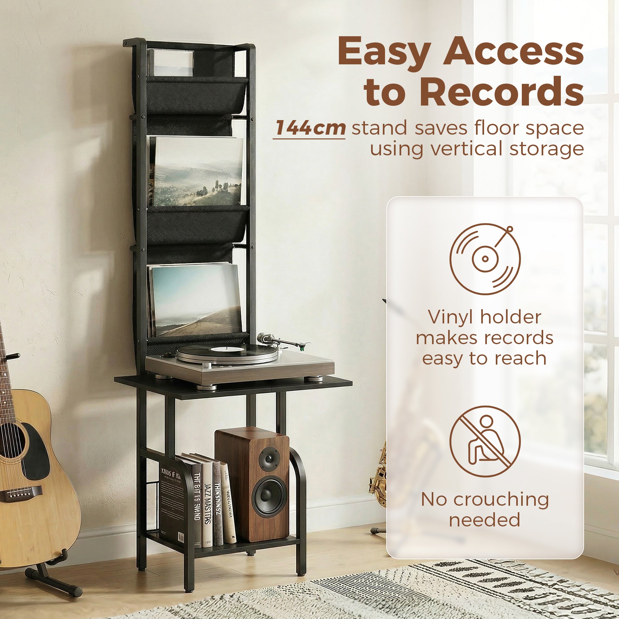 Vinyl Record Player Stand Record Storage with Player Stand Oxford Fabric Pockets Bottom Shelf, Black