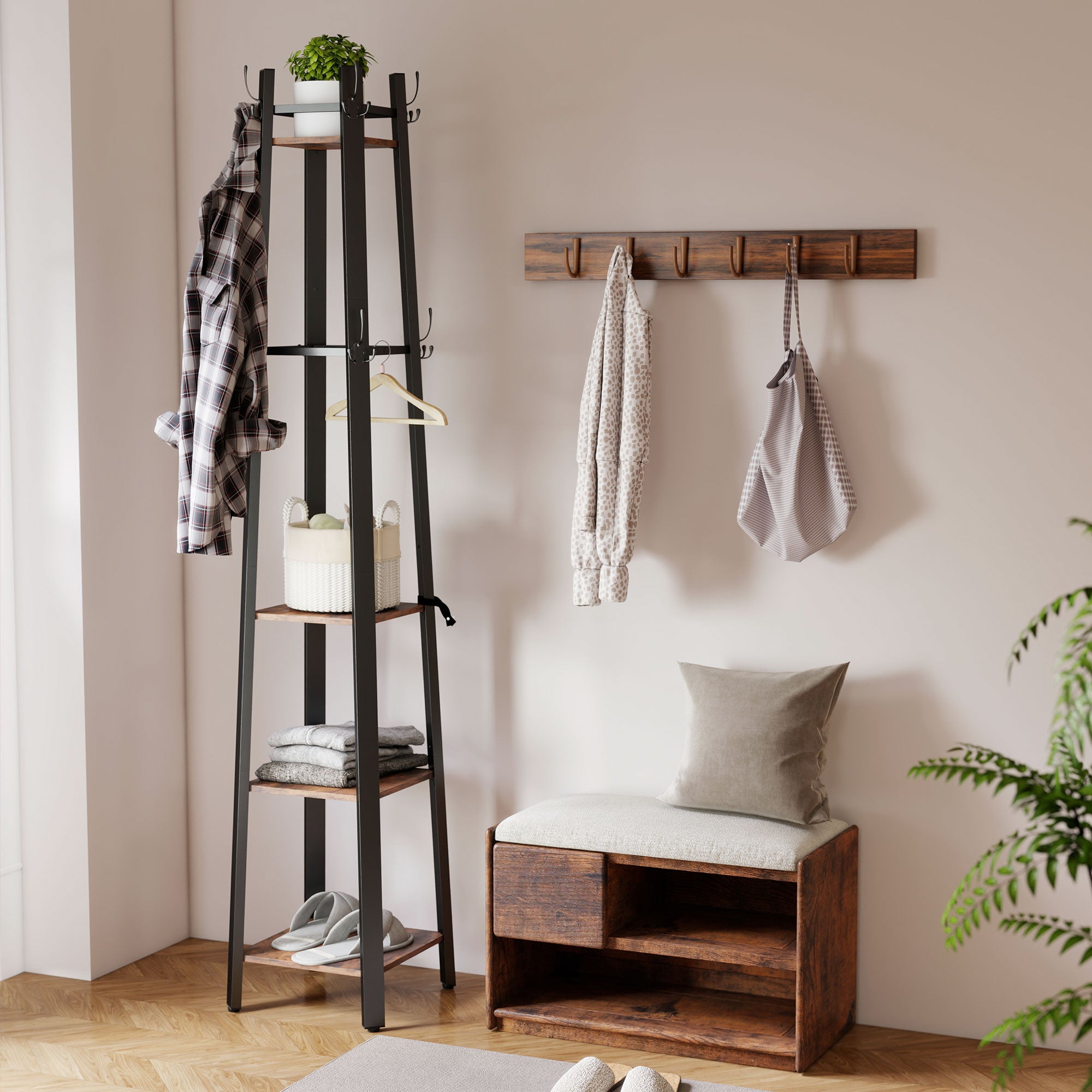 Industrial-Style Four Shelf Coat Stand - Brown/Black