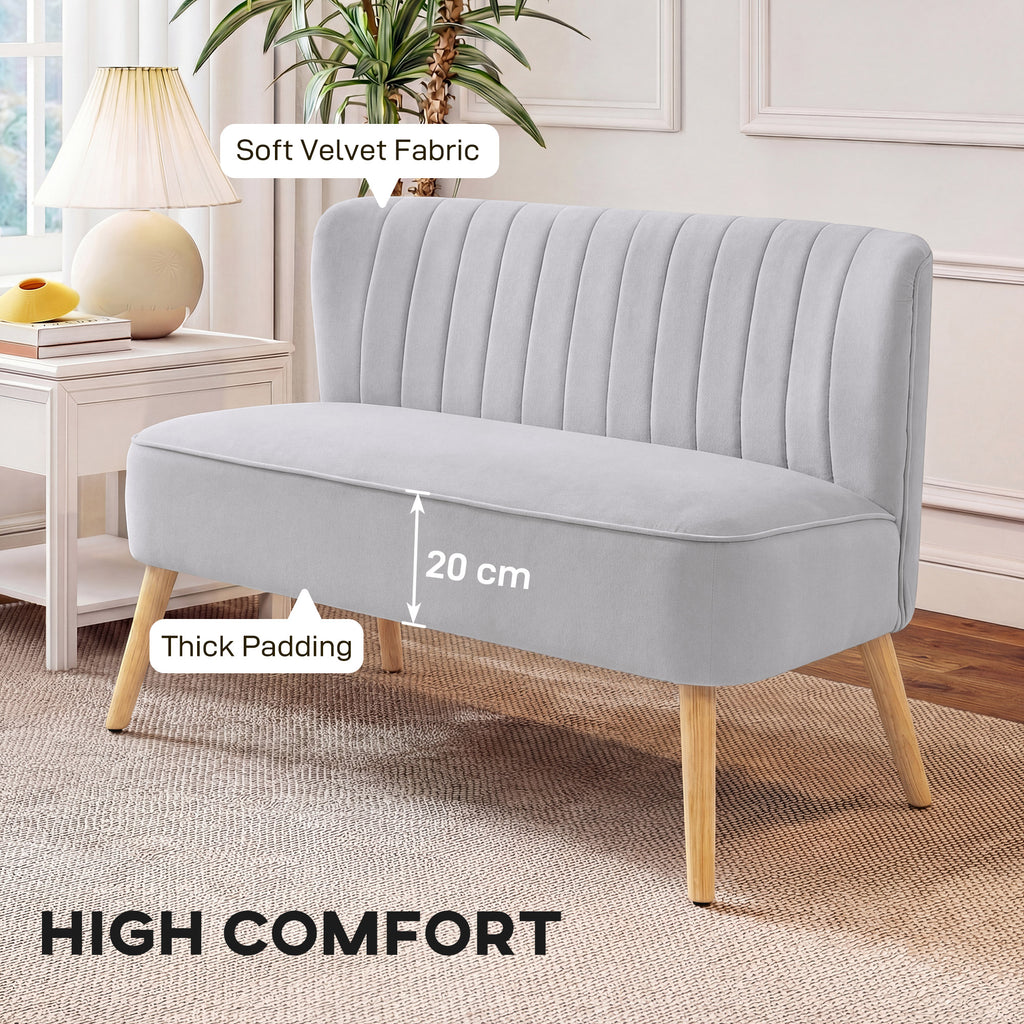 Modern Velvet Double Seat Sofa w/ Wood Frame Foam Padding Soft Comfortable Compact Couch Light Grey