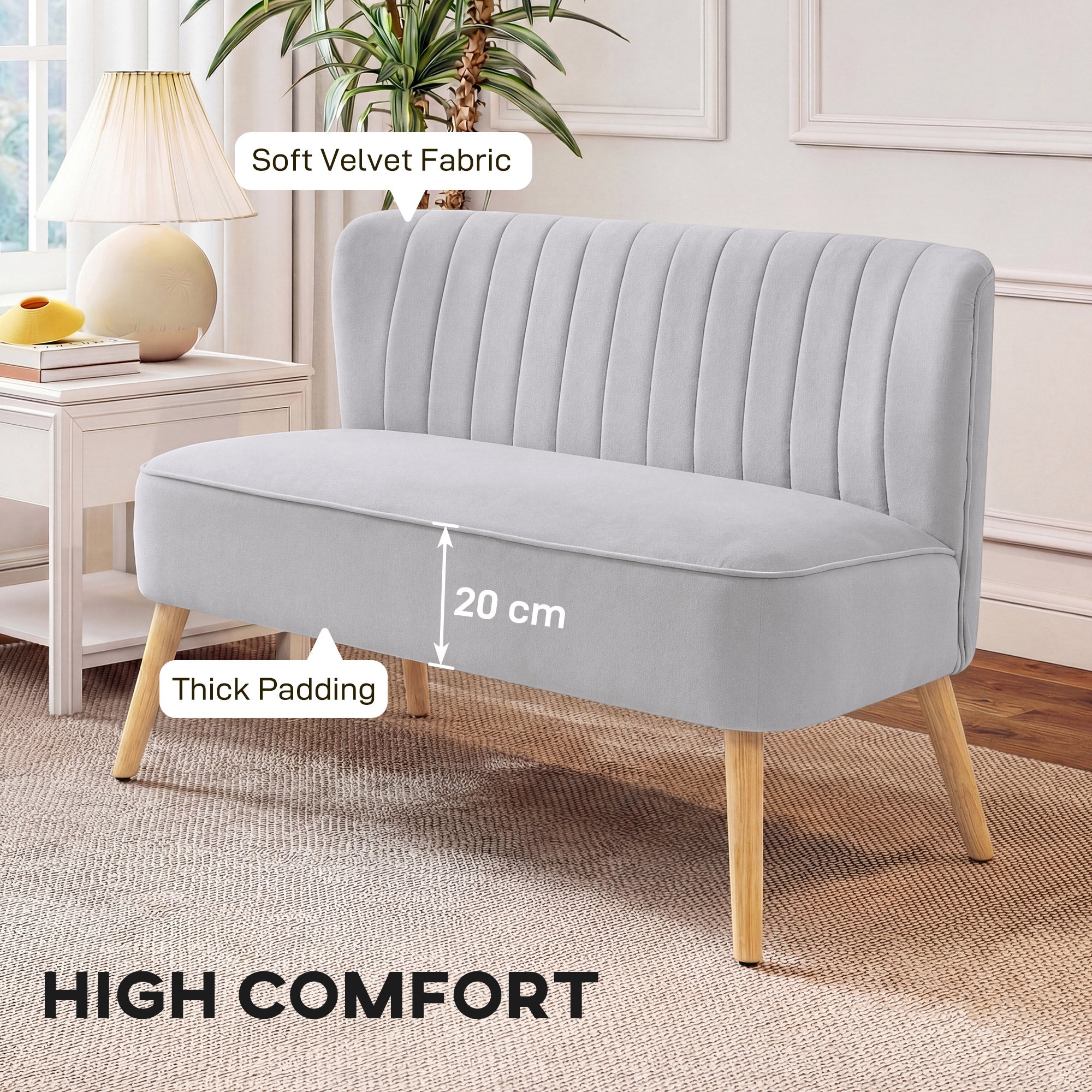 Modern Velvet Double Seat Sofa w/ Wood Frame Foam Padding Soft Comfortable Compact Couch Light Grey