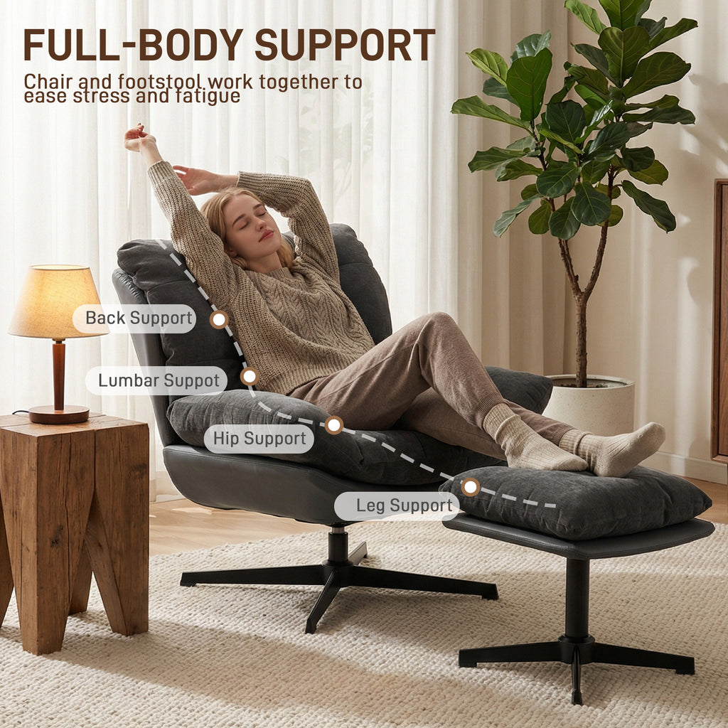 Accent Chair with Footstool, Swivel Lounge Chair with Chenille Upholstery, Metal Base, Dark Grey