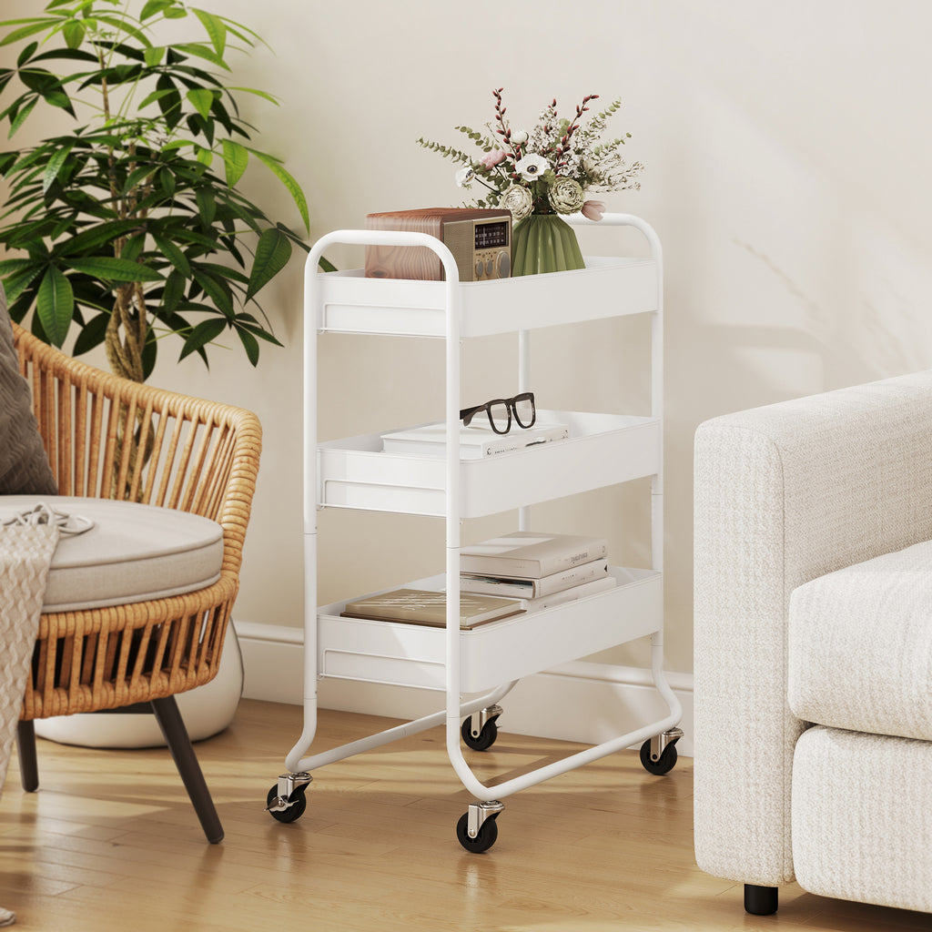 HOMCOM 3-Tier Storage Trolley on Wheels with Mesh Baskets - White