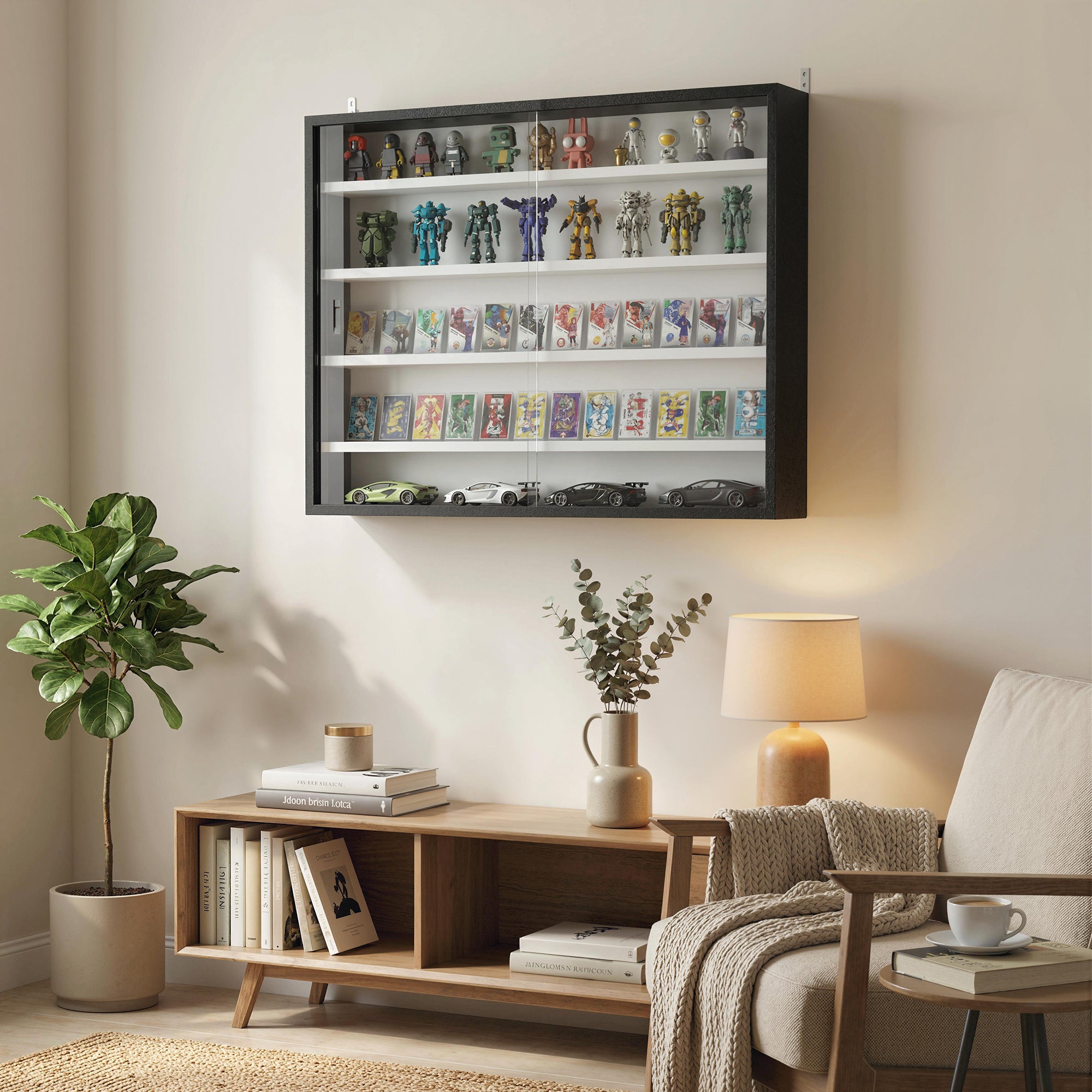 5-Tier Wall Display Cabinet,  Wall Mounted Display Case w/ 4 Adjustable Shelves, Glass Doors, 60x80cm, Black and White