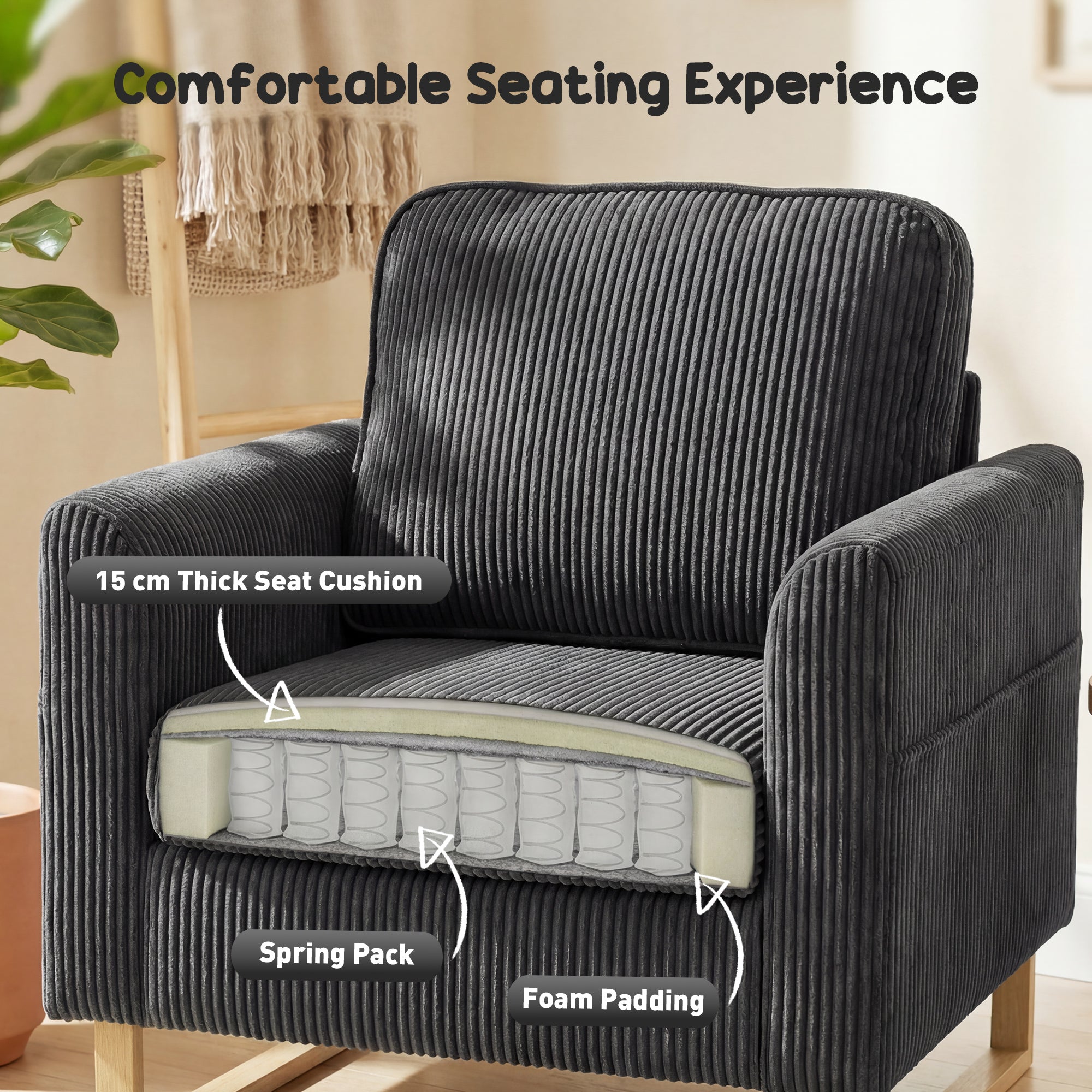 Accent Chair with Pocket Spring, Modern Industrial Armchair with Metal Legs for Livingroom Dark Grey