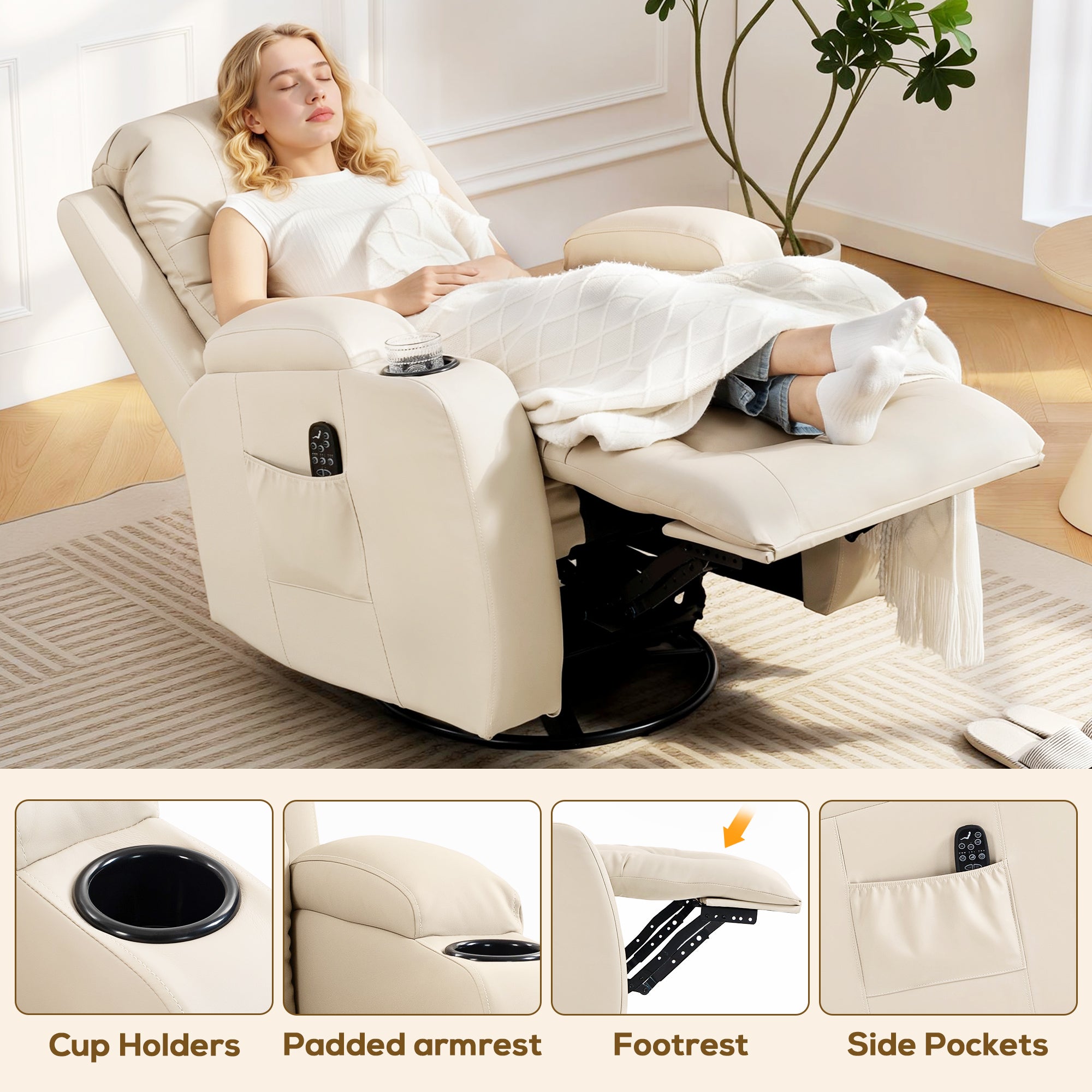 PU Leather Recliner Chair, Recliner Armchair with Extended Footrest, Cup Holders and Side Pockets, Cream