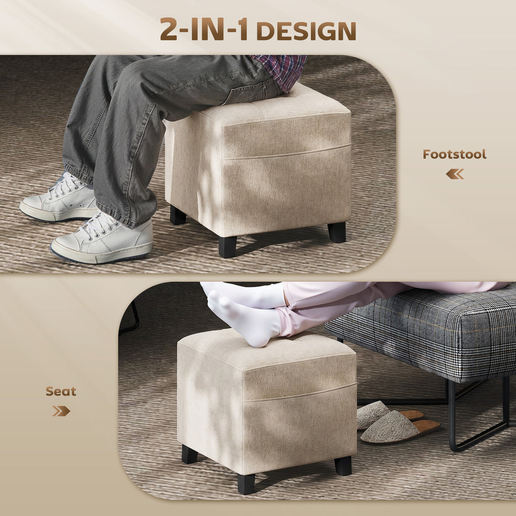 Small Ottoman, Square Footstool with Side Pocket, Rubber Wood Legs and Padded Seat for Living Room, Beige