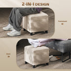 Small Ottoman, Square Footstool with Side Pocket, Rubber Wood Legs and Padded Seat for Living Room, Beige