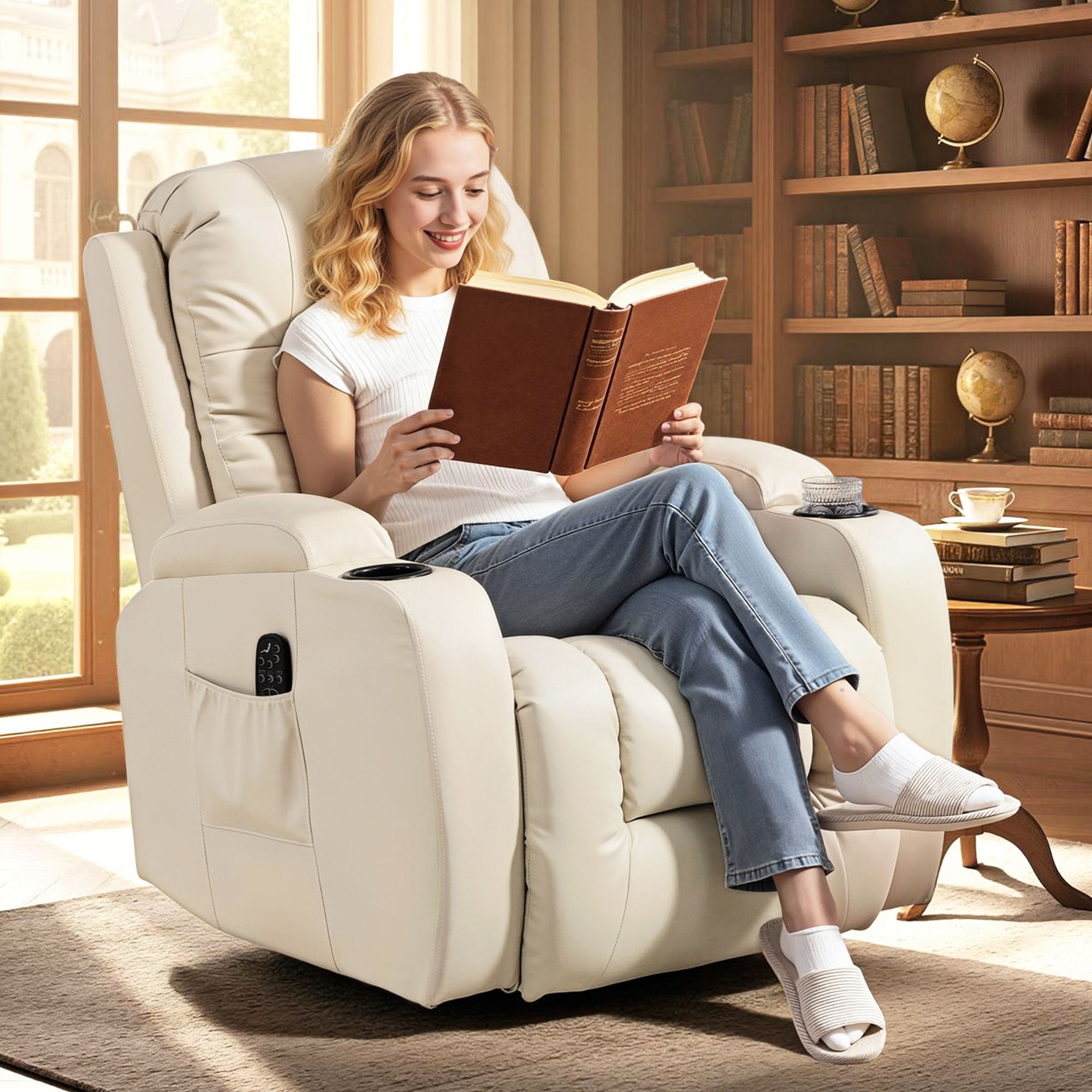 PU Leather Recliner Chair, Recliner Armchair with Extended Footrest, Cup Holders and Side Pockets, Cream