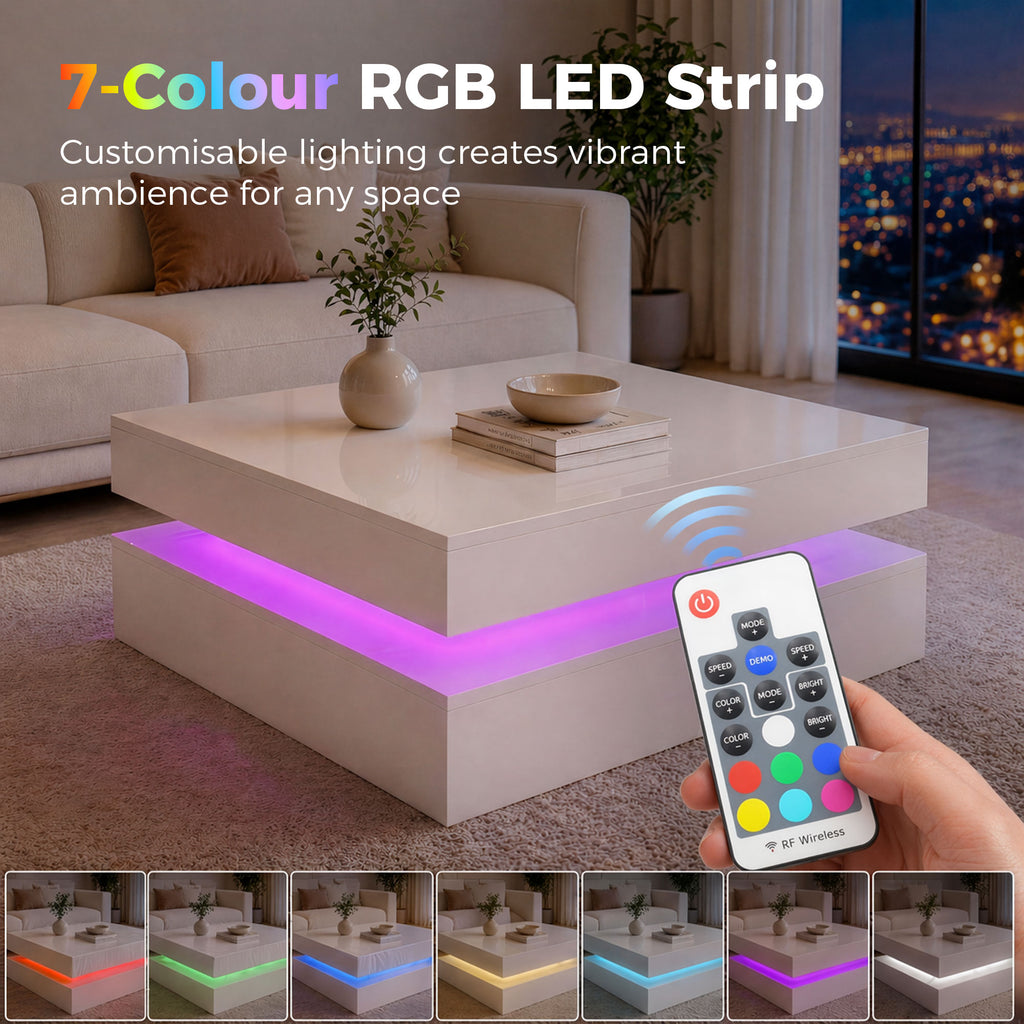 LED Coffee Table with Storage, 2-Tier Modern Centre Table with Open Shelf and Remote for Living Room, High Gloss White