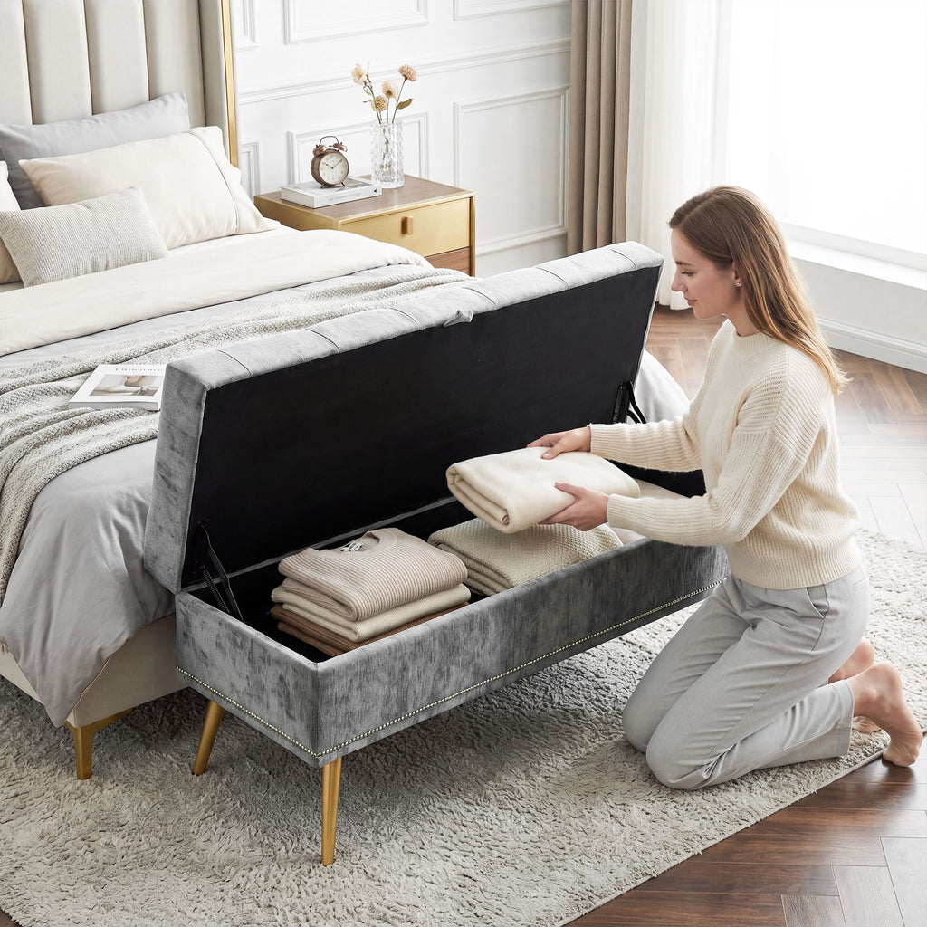 Storage Ottoman, Chenille Upholstered Ottoman Storage Box with Padded Seat, Metal Legs, 114 x 41 x 45 cm, Grey