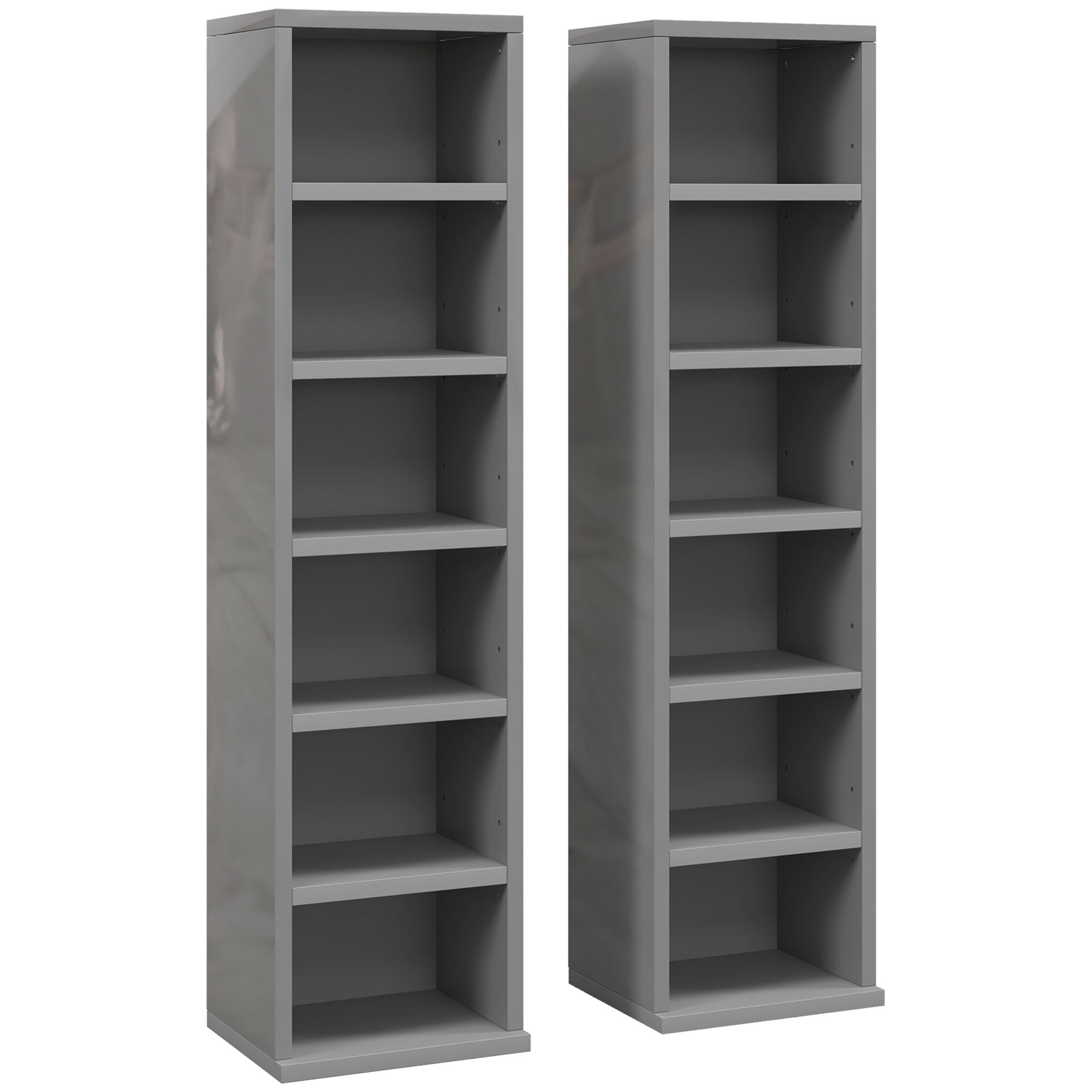 Set of 2 CD Media Display Shelf Unit Tower Rack with Adjustable Shelves, High Gloss Grey