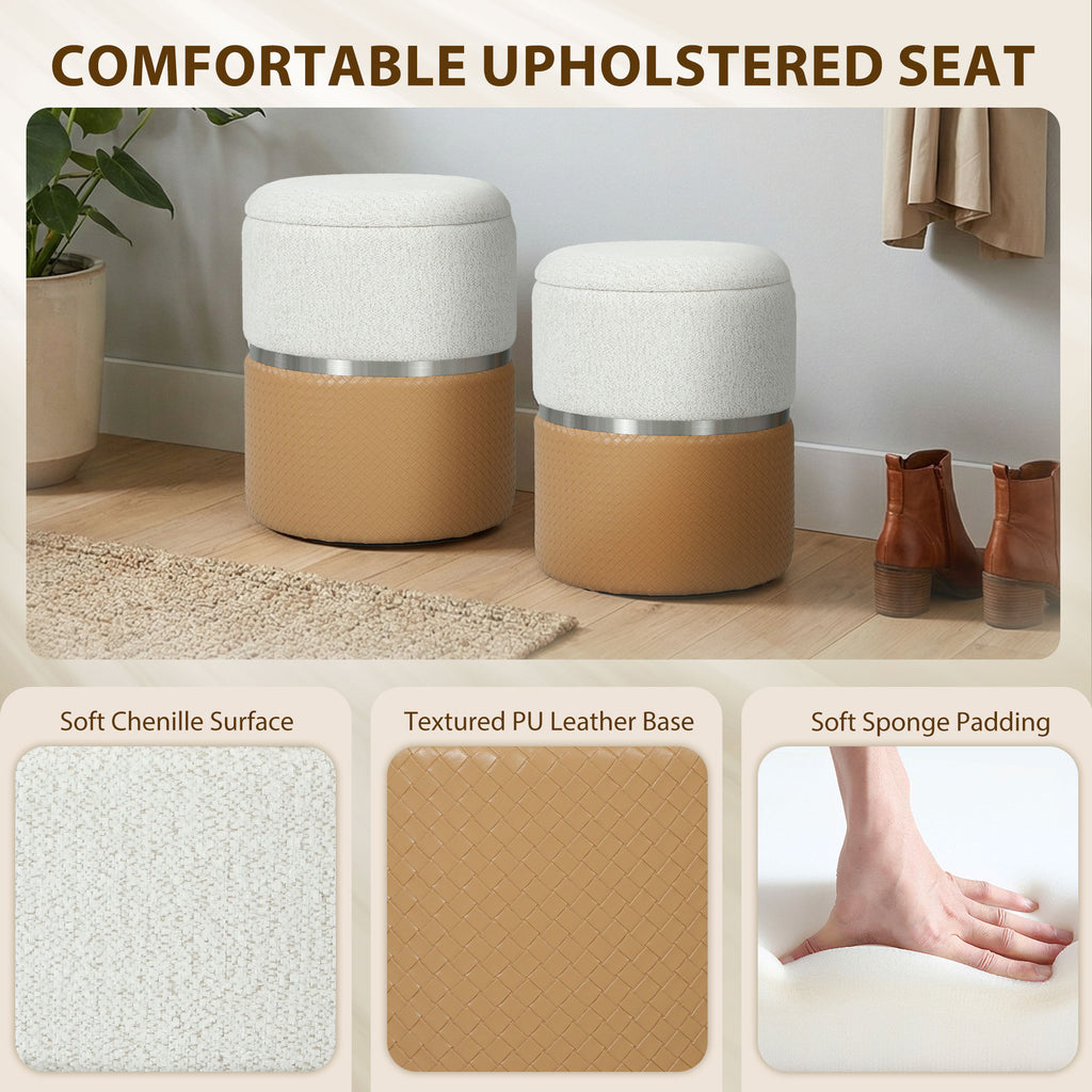 Nesting Round Ottoman with Storage Set of 2 - Cream/Brown