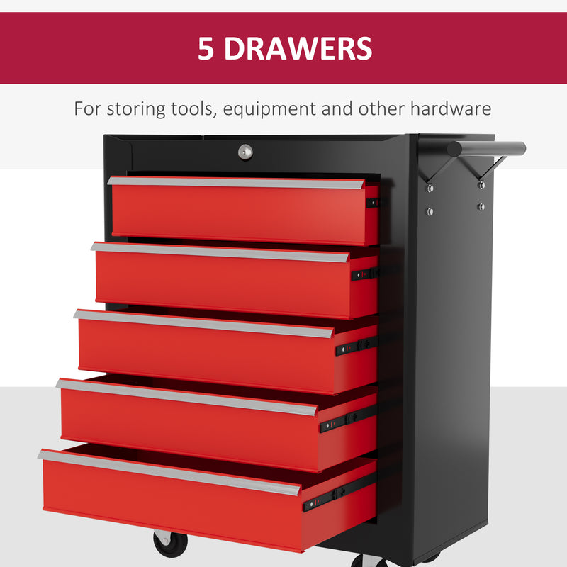 5-Drawer Lockable Rolling Tool Chest with Handle & 2 Keys – Red – image 4 of 9