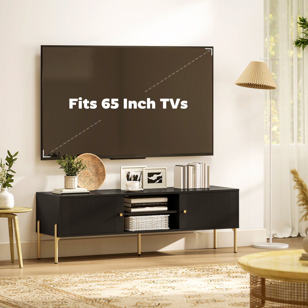 TV Stand for TVs up to 65", Entertainment Center with 2 Open Shelves, 2 Cabinets and Steel Legs for Living Room, Black