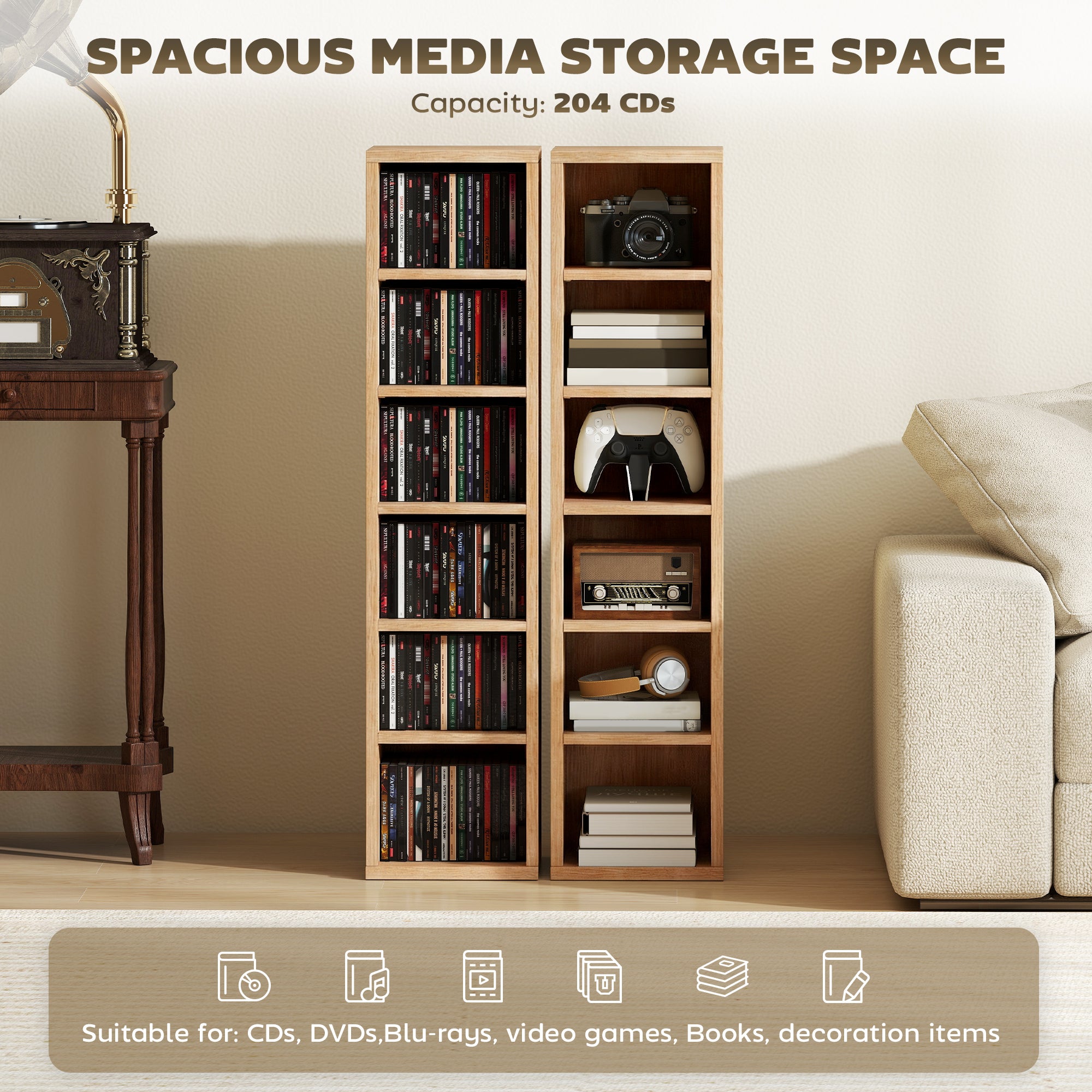Set of 2 CD Media Display Shelf Unit Tower Rack with Adjustable Shelves, Natural