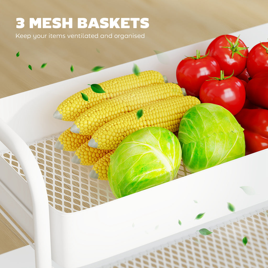 HOMCOM 3-Tier Storage Trolley on Wheels with Mesh Baskets - White