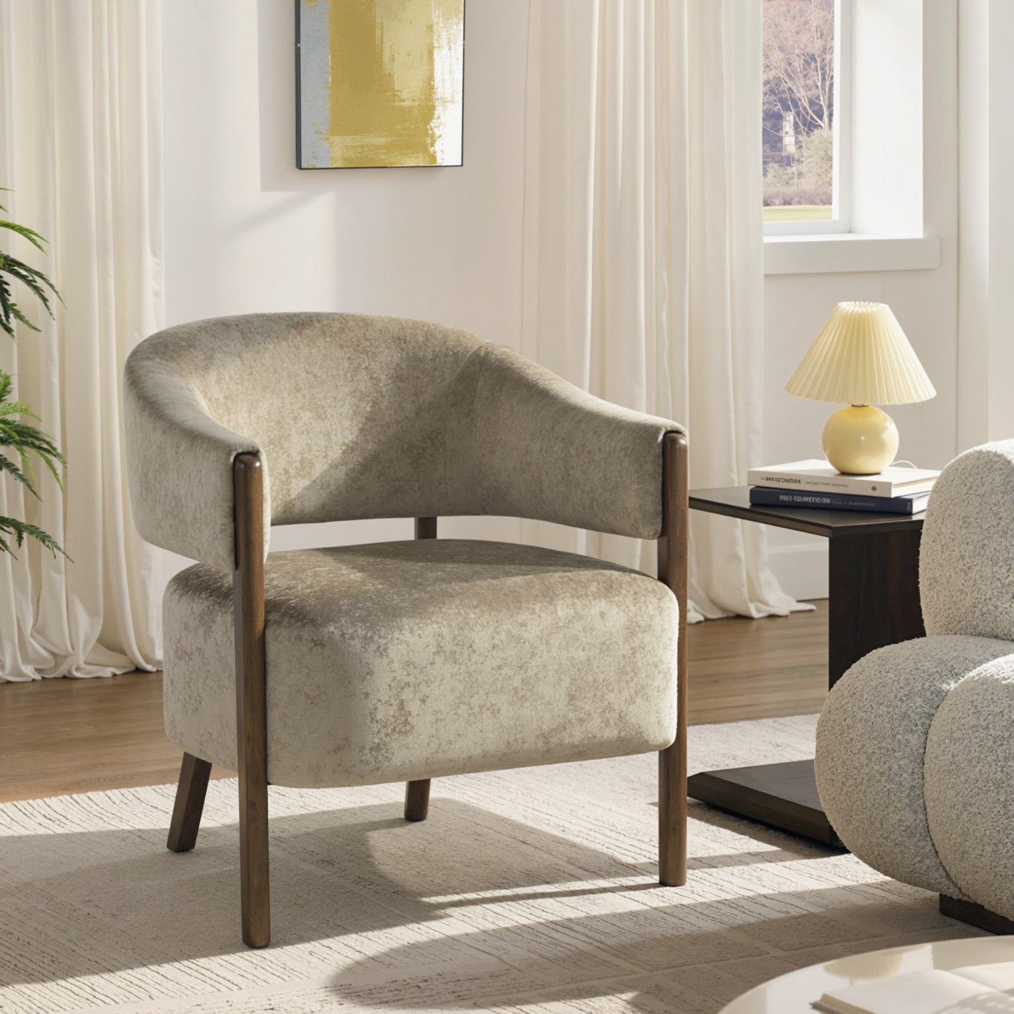 Accent Chair, Upholstered Tub Chair with Solid Wood Frame and Legs, Light Brown