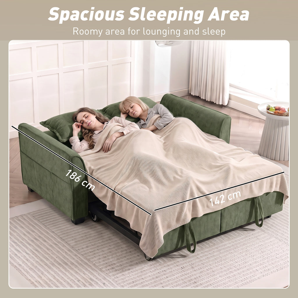 2 Seater Sofa Bed, 4-in-1 L-Shaped Convertible Pull-Out Sleeper Sofa with Adjustable Backrest Side Pockets, Dark Green