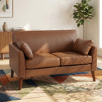 2 Seater Sofa, 132 cm Modern Small Sofa with Solid Wood Legs and 2 Pillows for Small Space, Brown