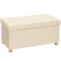 Velvet Upholstered Foldable Ottoman Footrest, Storage Ottoman Bench with Wood Legs for Living Room, Cream White