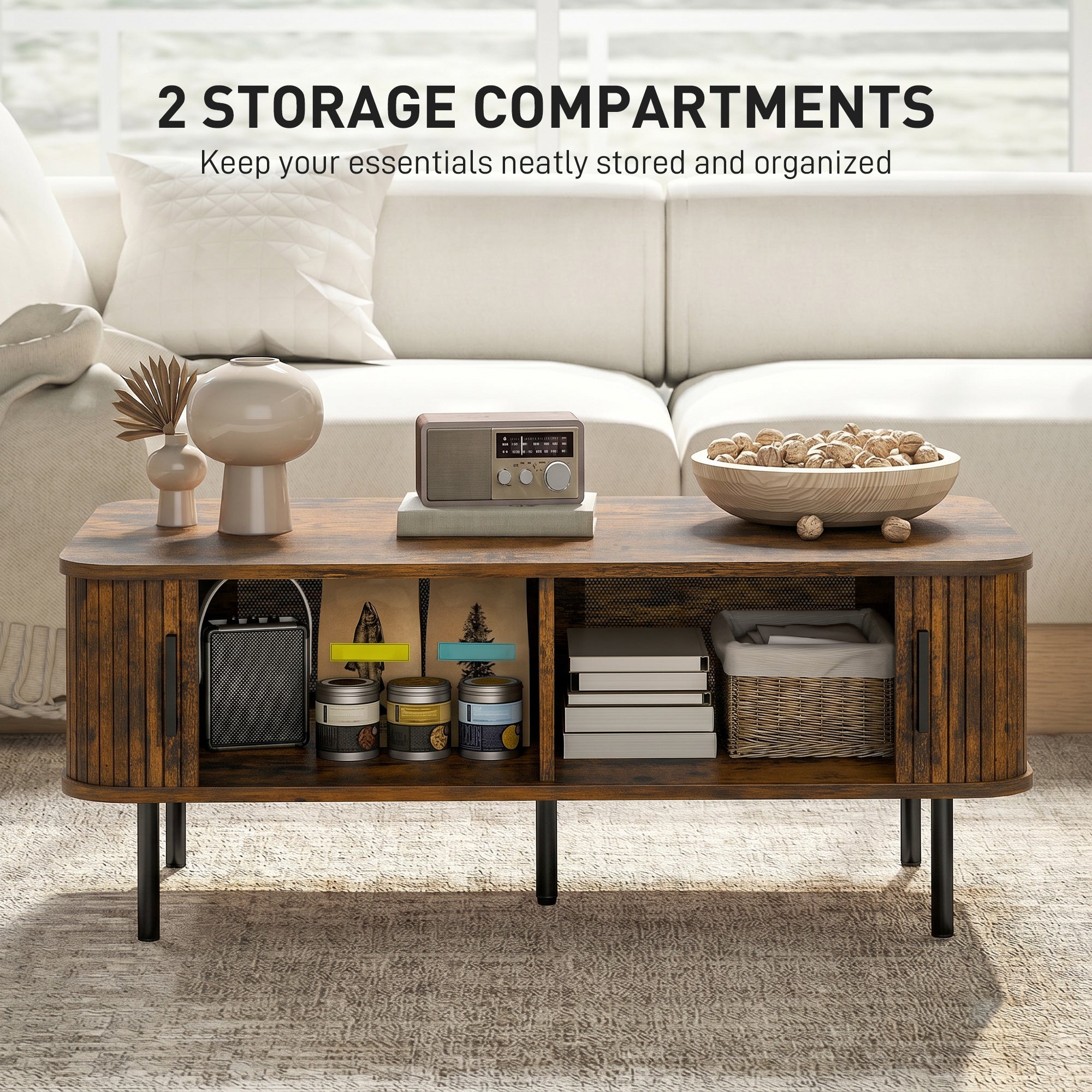 Coffee Table with Storage, Living Room Table with Slatted Tambour Sliding Doors and Adjustable Foot Pads, Rectangular Coffee Table with Elevated Base for Living Room, Rustic Brown