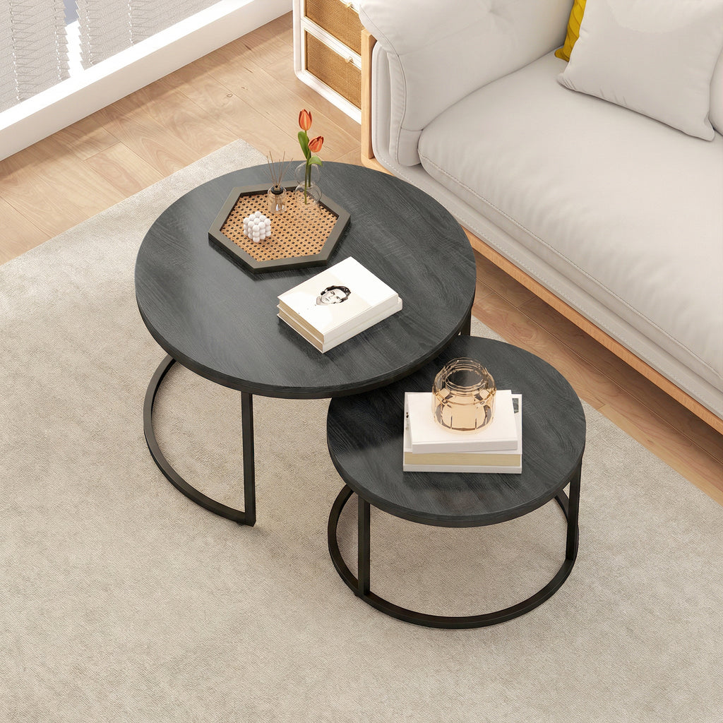 Set of Two Wood-Effect Stacking Tables - Black Wood Grain
