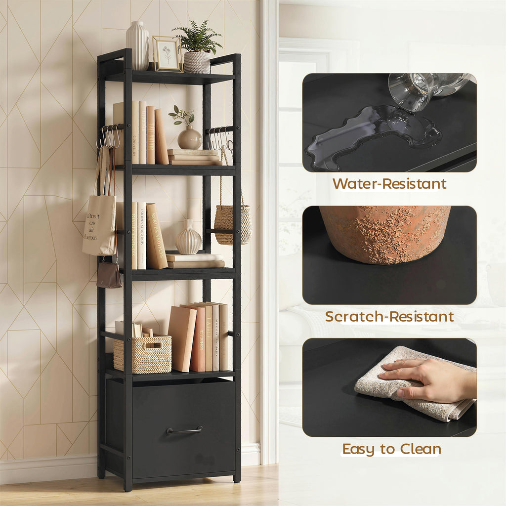 4-Tier Bookshelf, Narrow Bookcase with Drawer, 8 Hooks, Metal Frame, Black