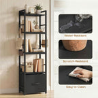 4-Tier Bookshelf, Narrow Bookcase with Drawer, 8 Hooks, Metal Frame, Black