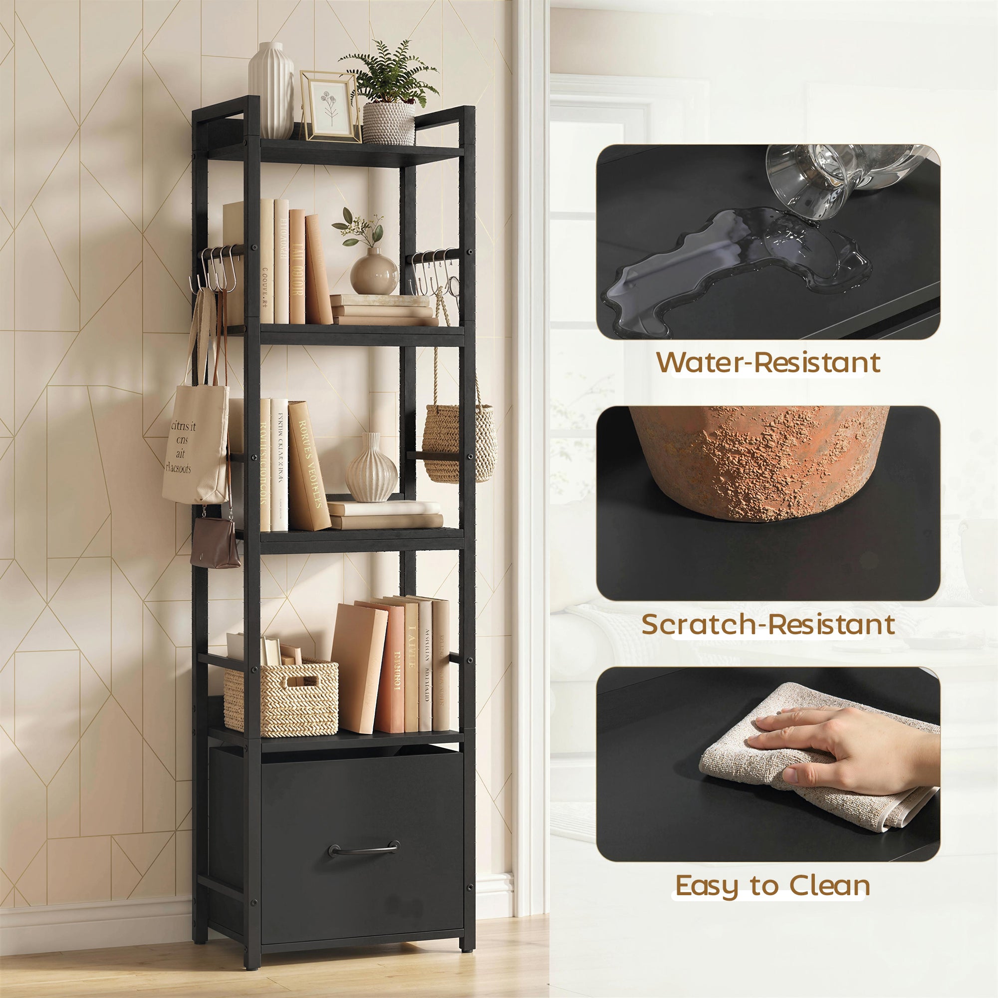 4-Tier Bookshelf, Narrow Bookcase with Drawer, 8 Hooks, Metal Frame, Black